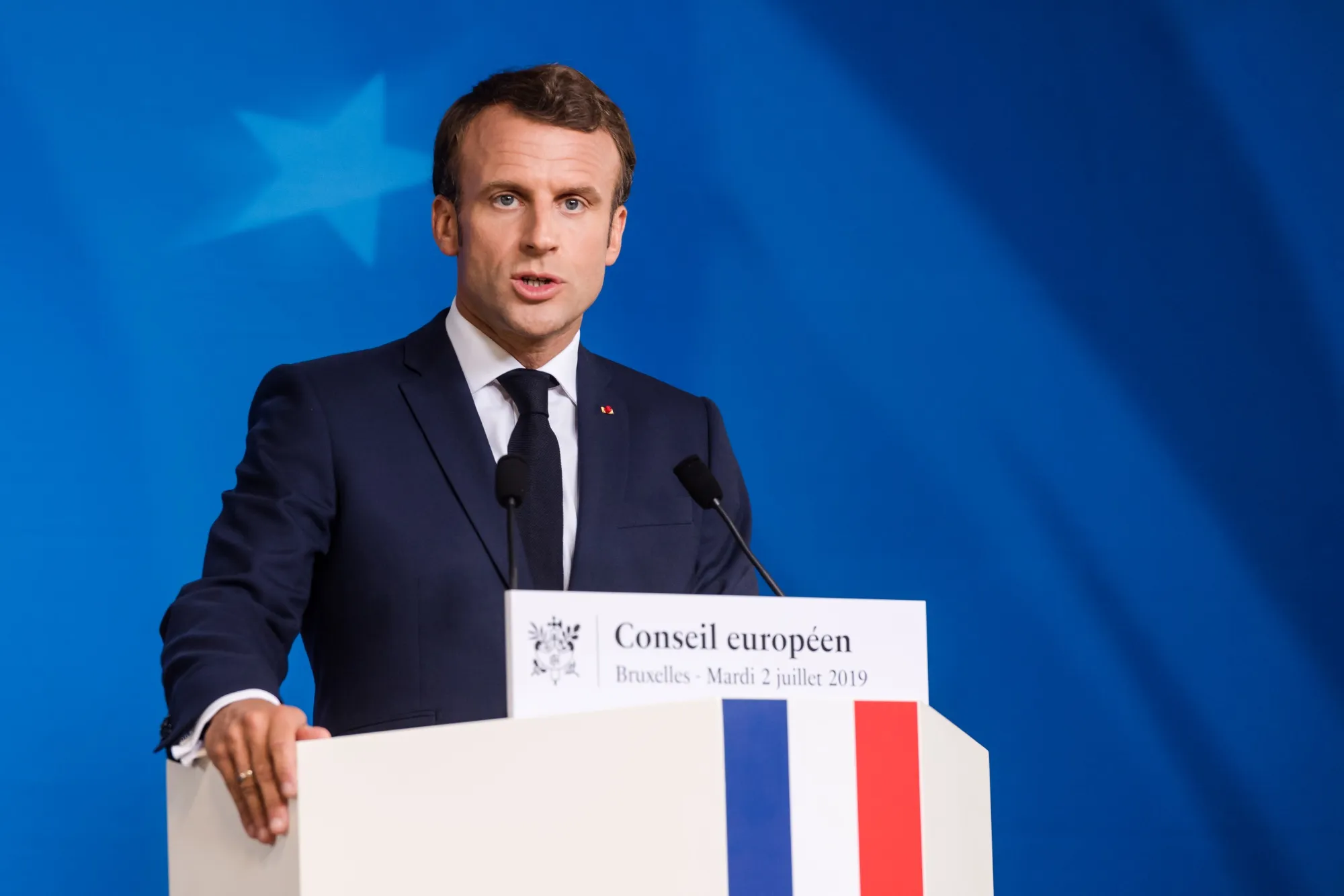 Emmanuel Macron, France's president, speaks during a news conference following a EU leaders summit in Brussels.