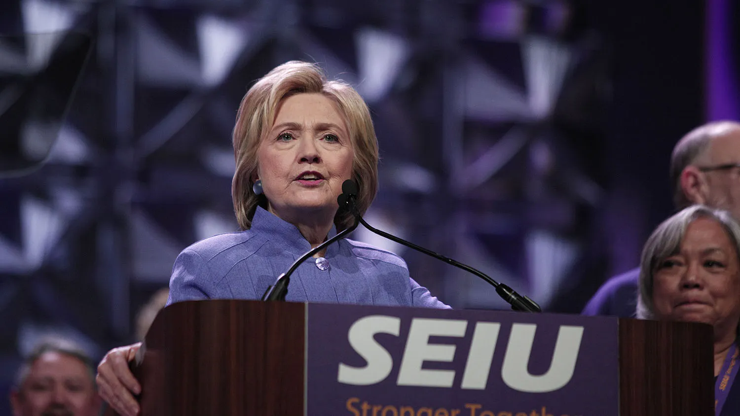 Democratic presidential candidate Hillary Clinton speaks at the Service Employees International Union (SEIU) 2016 International Convention on May 23, 2016, in Detroit.
