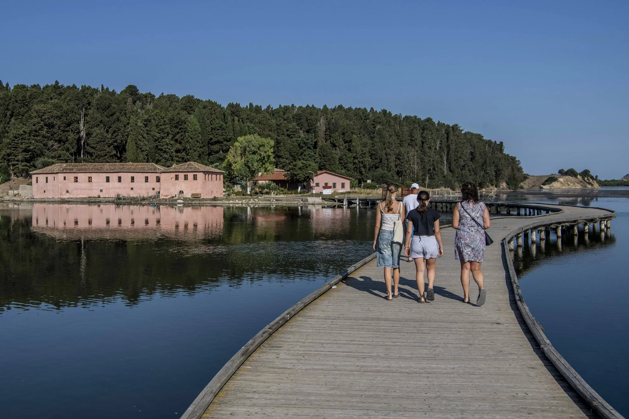 Tourists visit the St. Mary's Monastery on Zvrnec island in Vlora, Albania.