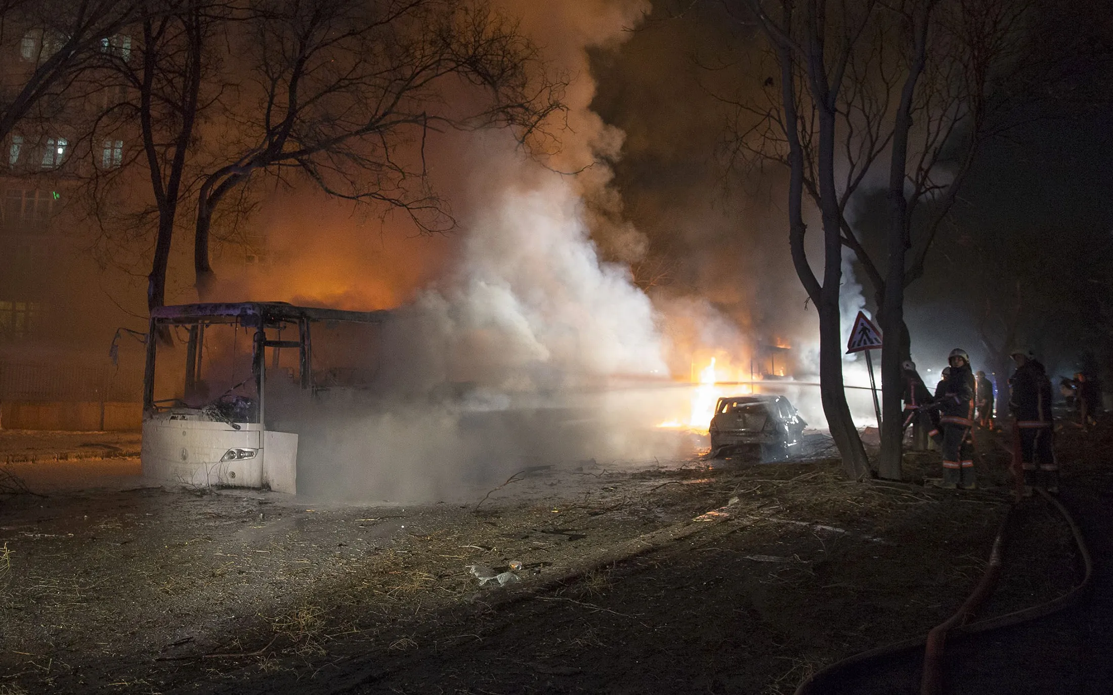 Smoke rises from a burning bus after an explosion in Ankara, on Feb. 17.
