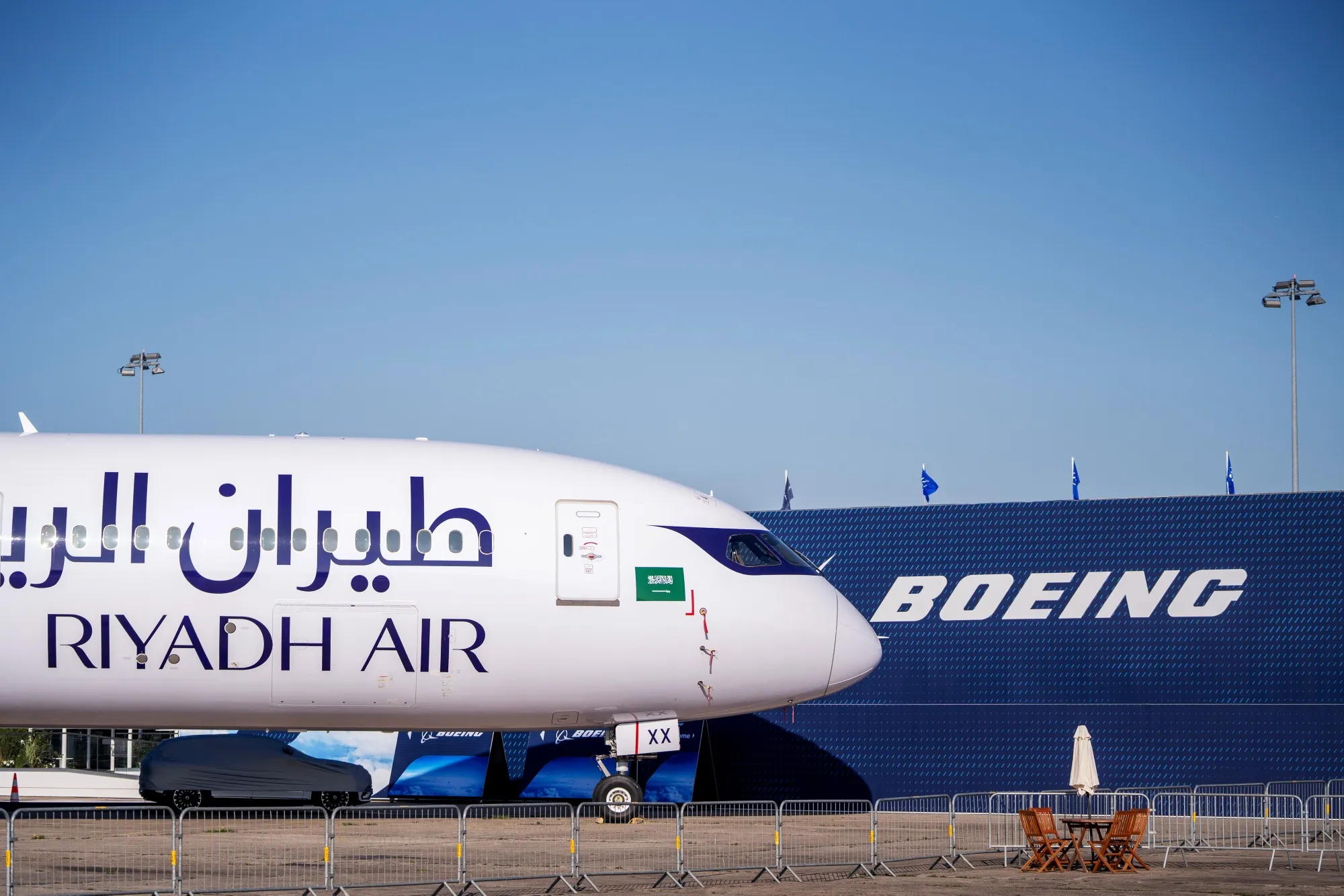 A Boeing Dreamliner 787-9, operated by Riyadh Air, at the Paris Air Show in 2025.