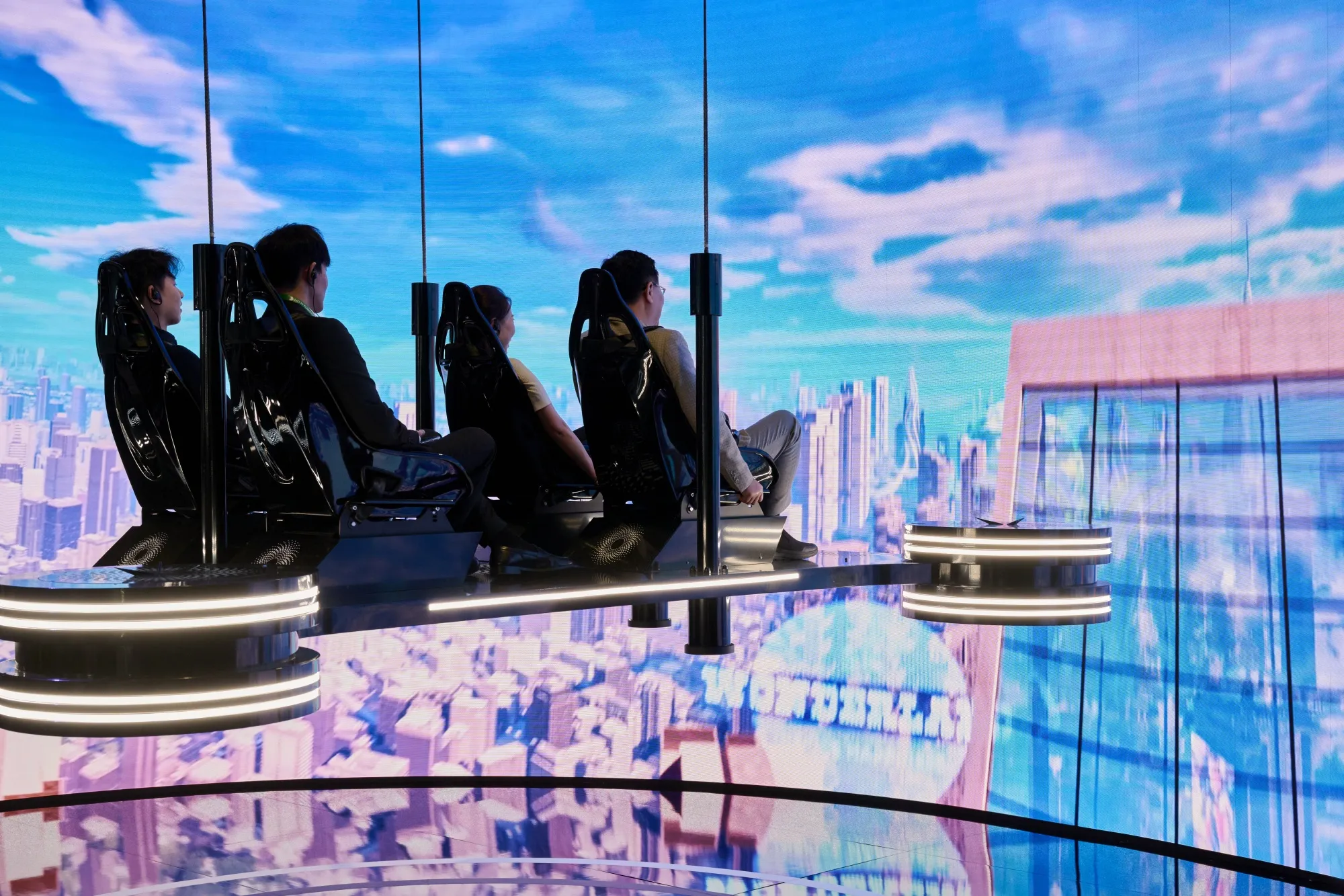 Attendees on a magic carpet ride at the SK booth during the 2024 CES event in Las Vegas in January.