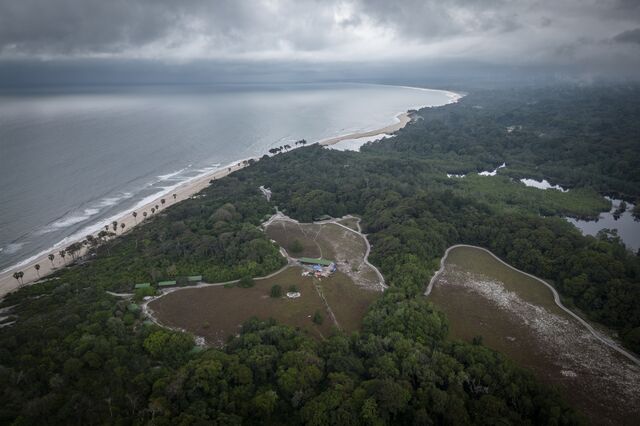 Aerial view from Petit Loango, a 20-bed eco-lodge under construction at Petit Loango on the coastline of Gabon’s flagship Loango National Park on October 12, 2022. Based around the forestLAB research centre based at Petit Loango, the lodge aims to set a benchmark for nature-based tourism in Equatorial Africa.