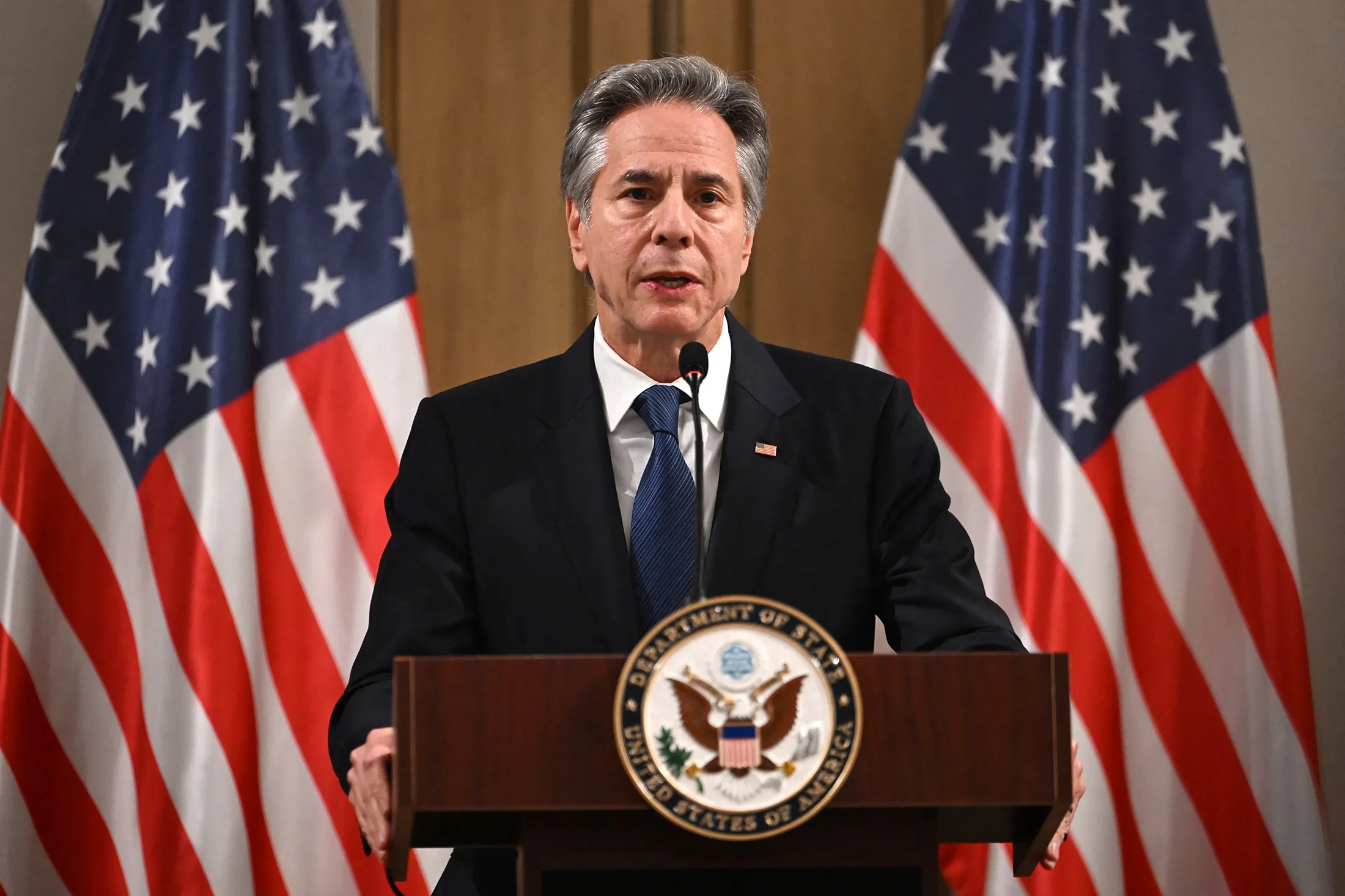 Antony Blinken delivers a statement&nbsp;after the meeting with the foreign ministers of the Arab Contact Group on Syria in&nbsp;Aqaba, Jordan, on Dec.&nbsp;14, 2024.