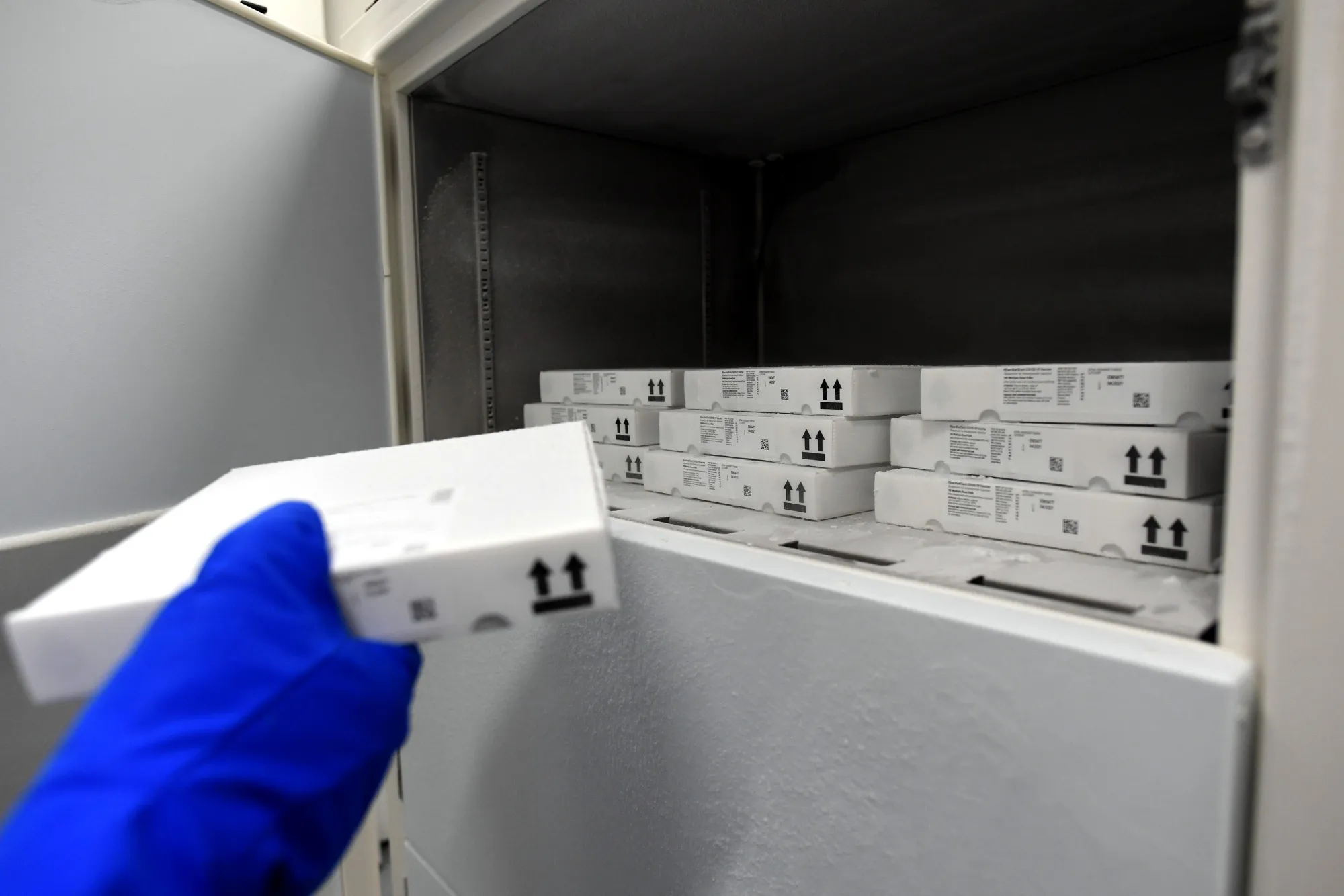 Boxes of Pfizer-BioNTech Covid-19 vaccines at the Robert Bosch Hospital in Stuttgart, Germany, on Jan. 12.