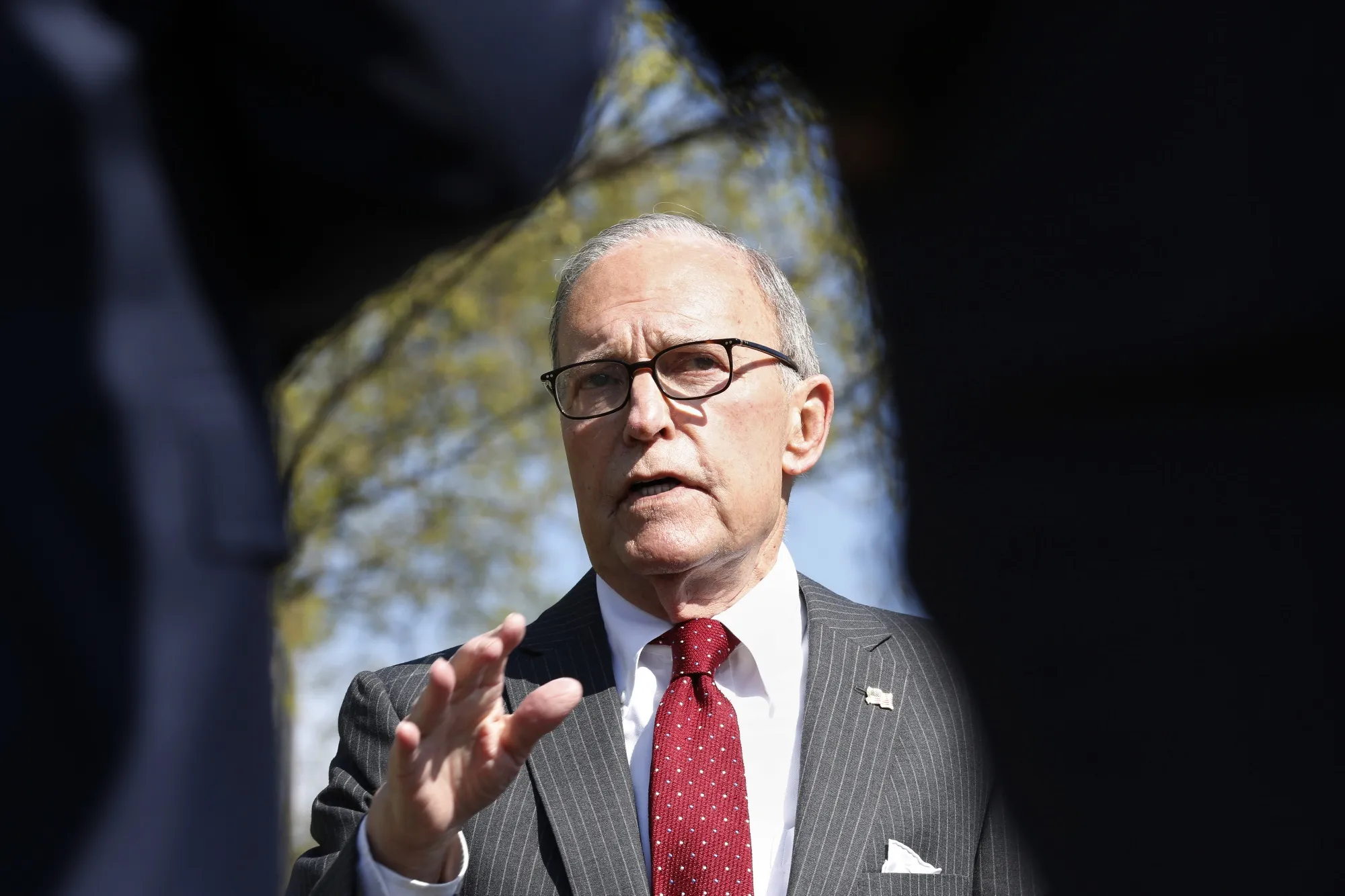 Larry Kudlow speaks to members of the media in Washington, D.C. on April 6.