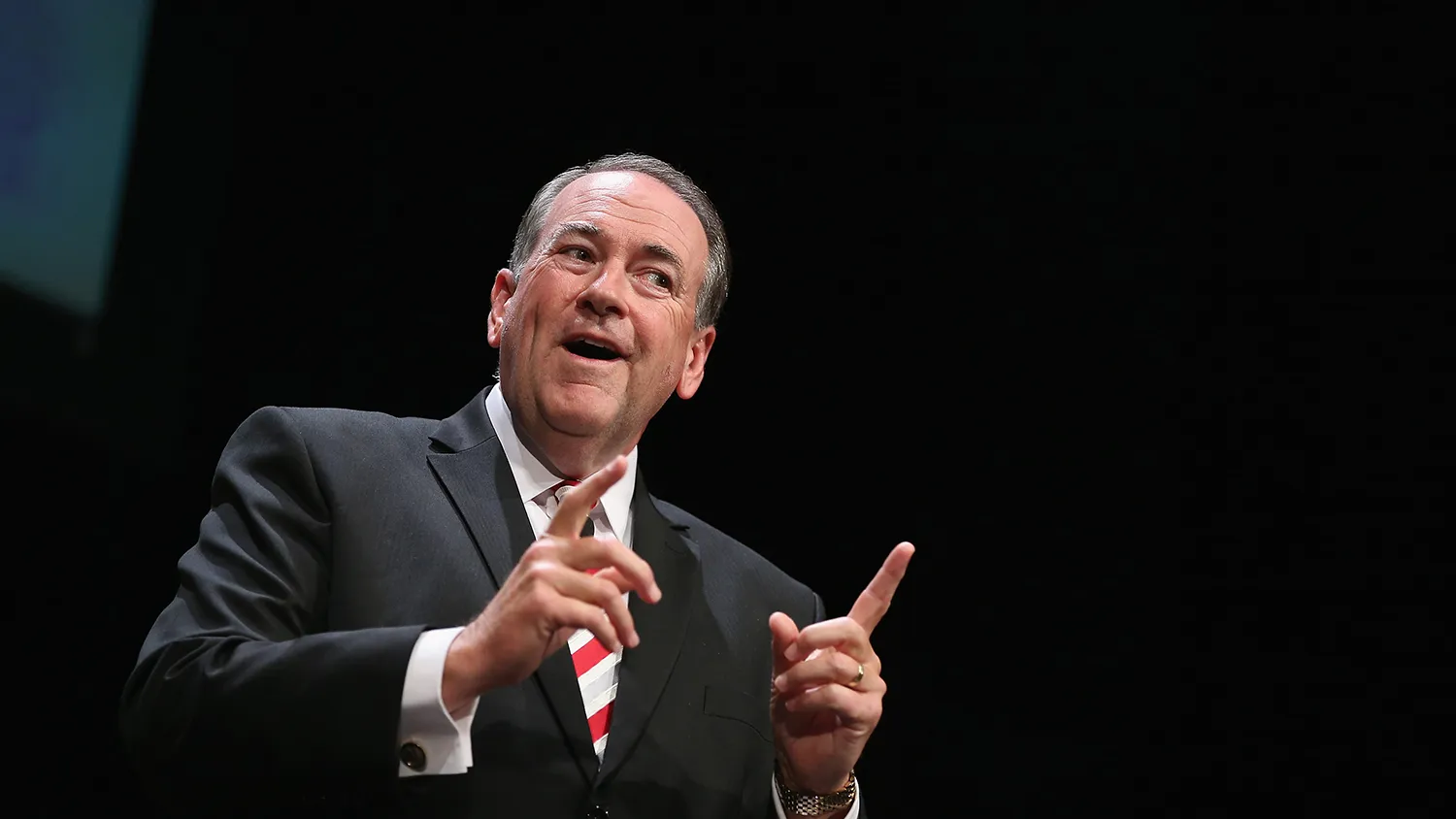 Republican presidential hopeful and former Arkansas Governor Mike Huckabee fields questions at The Family Leadership Summit at Stephens Auditorium on July 18, 2015 in Ames, Iowa.
