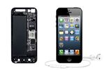 Front and back view of Apple's iPhone 5, with the back partially open showing the A6 chip