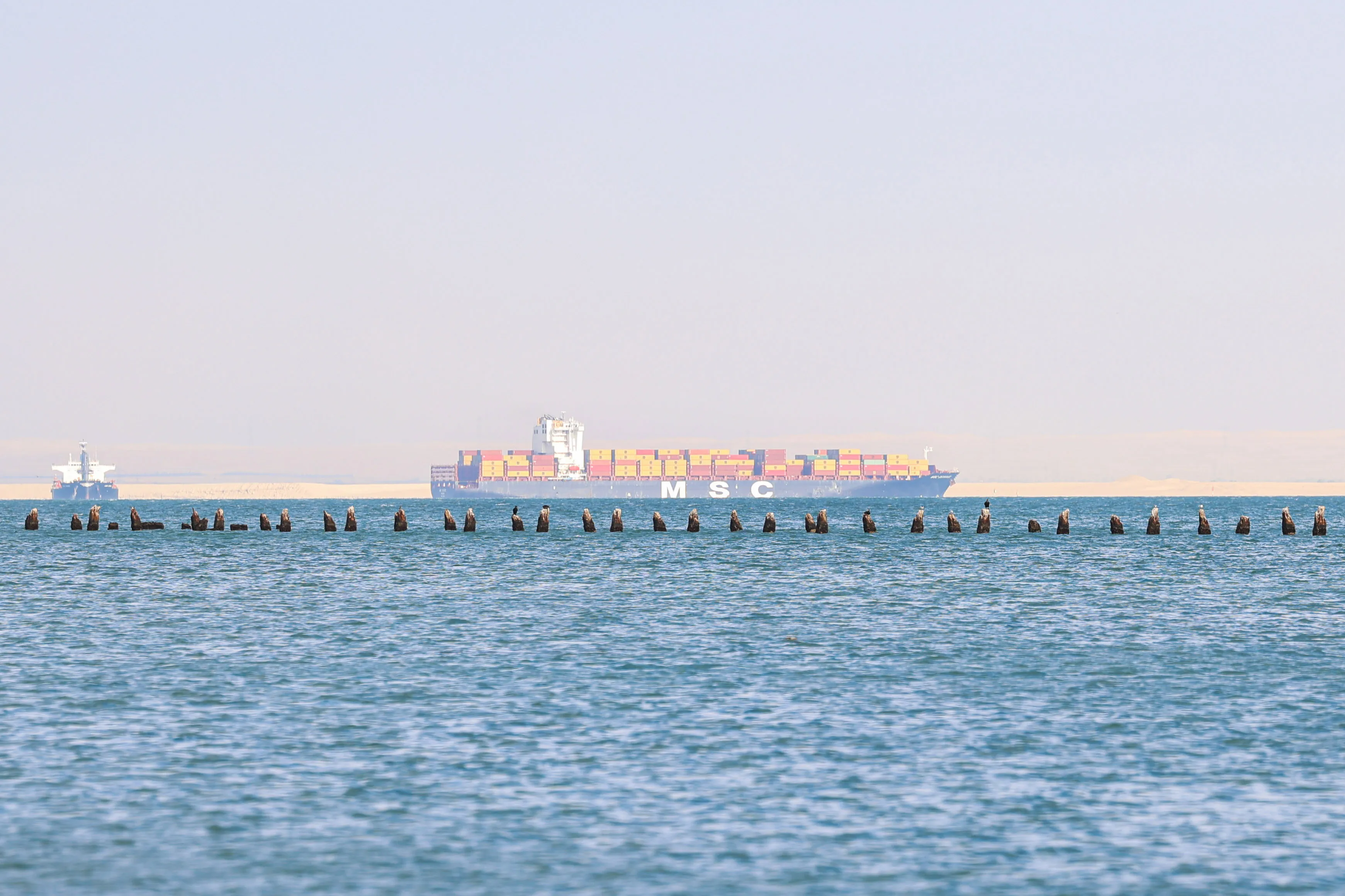 An MSC container ship sails southbound through the Great Bitter Lake in Ismailia, Egypt, on Dec. 21.