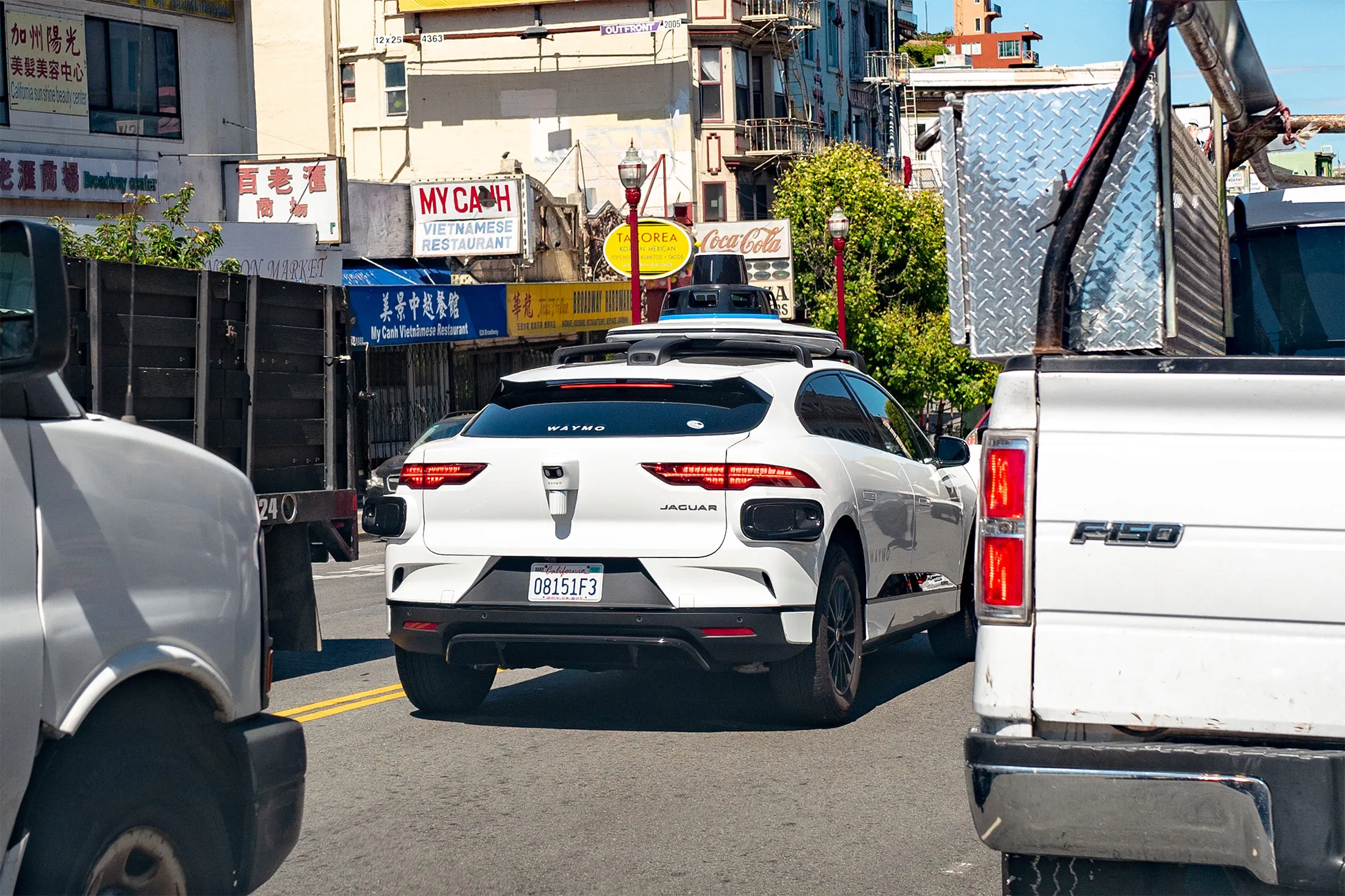A self-driving Waymo Jaguar I-Pace&nbsp;in San Francisco.