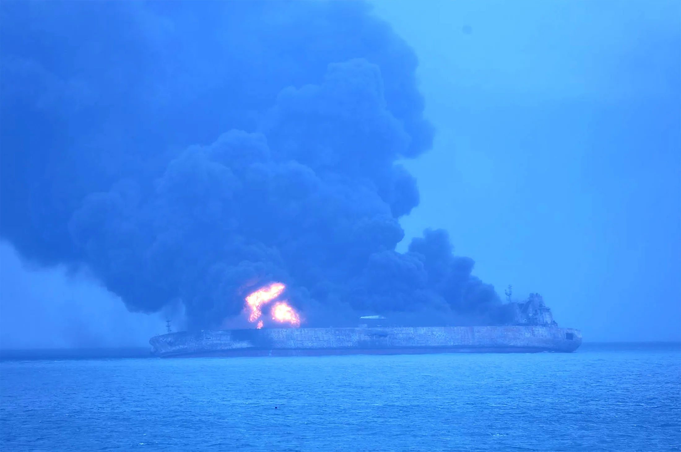 The Sanchi&nbsp;is seen ablaze after a collision with a freighter off China's eastern coast on Jan. 7, 2018.