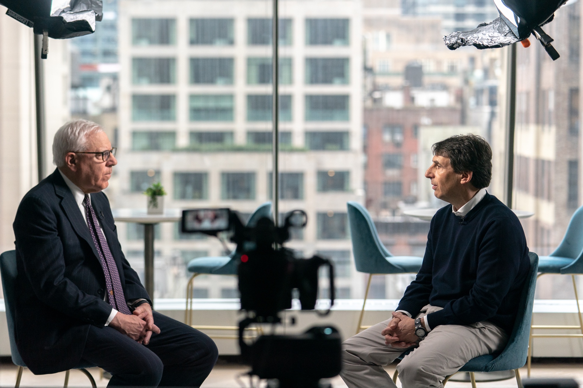 Marc Rowan, right,&nbsp;and David Rubenstein during&nbsp;interview at Apollo’s offices in New York.