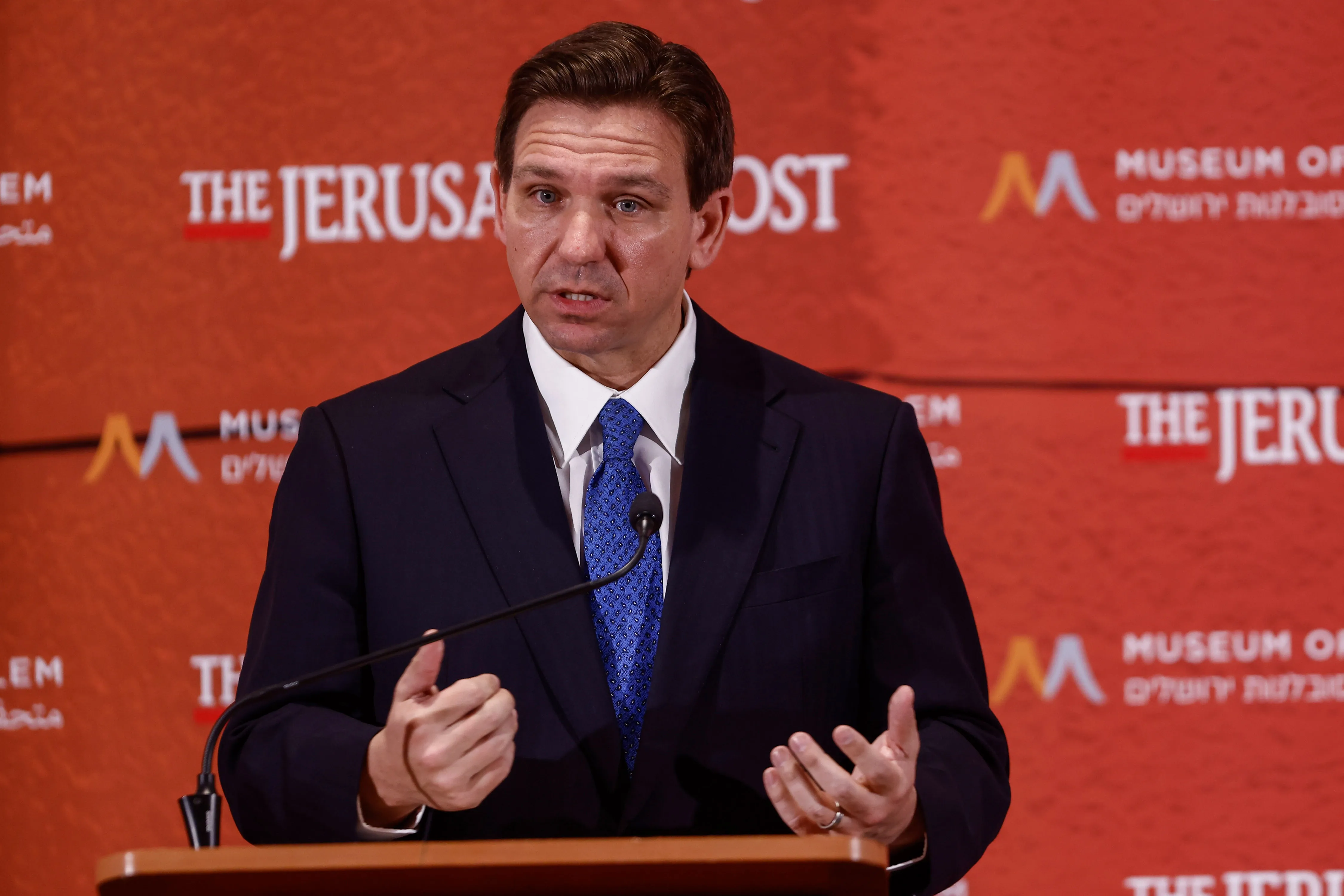 Ron DeSantis, governor of Florida, speaks during a news conference at the Jerusalem Post Conference in Jerusalem, Israel, on Thursday, April 27, 2023.