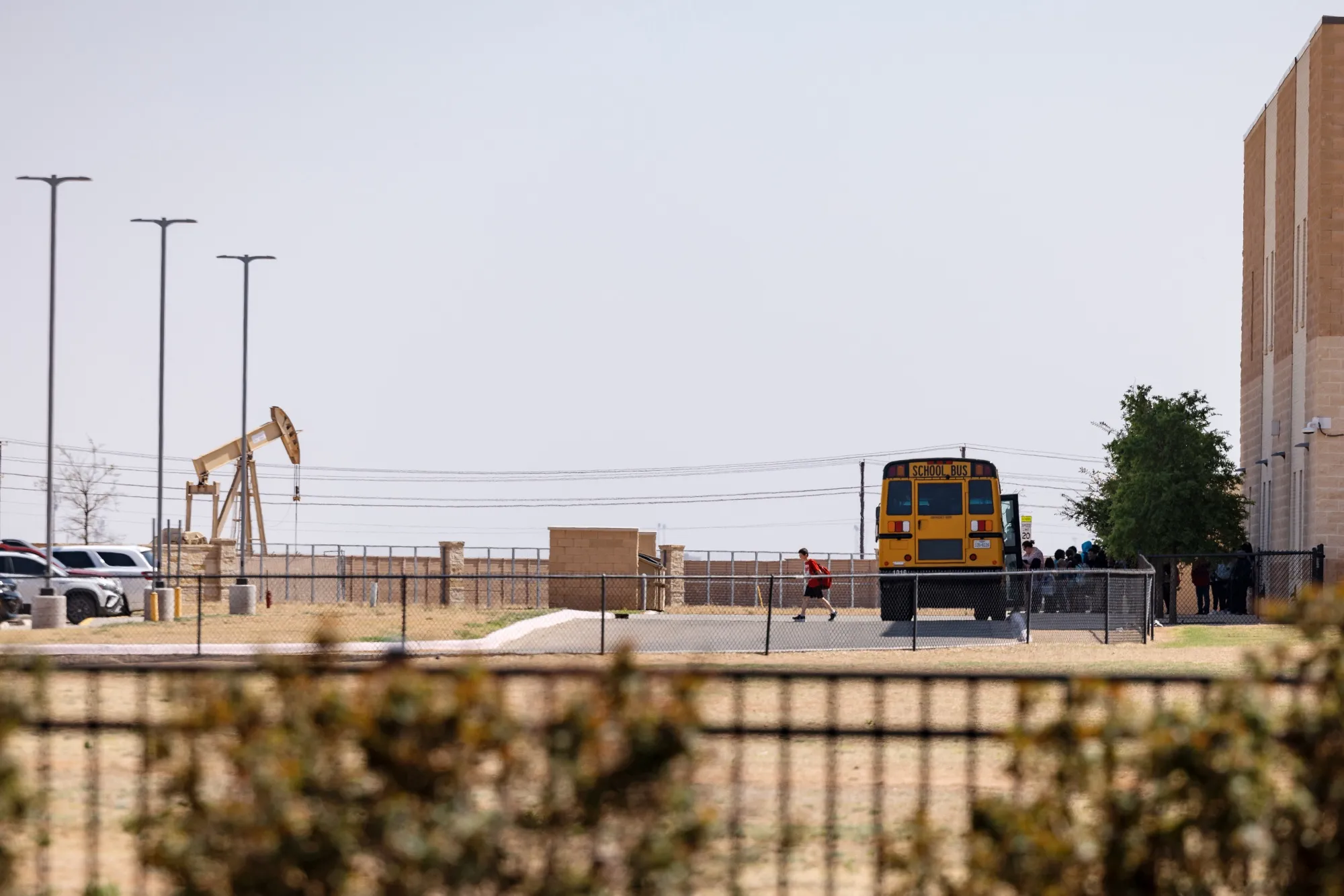 A pumpjack near a school in Midland, Texas.