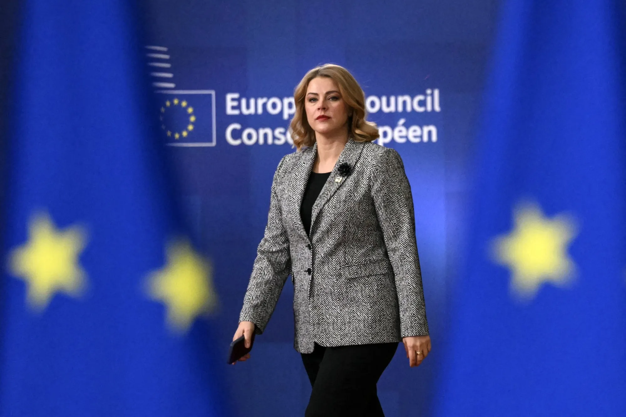 Latvia's Prime Minister Evika Silina arrives to attend the European Council meeting in Brussels in Dec. 2025.
