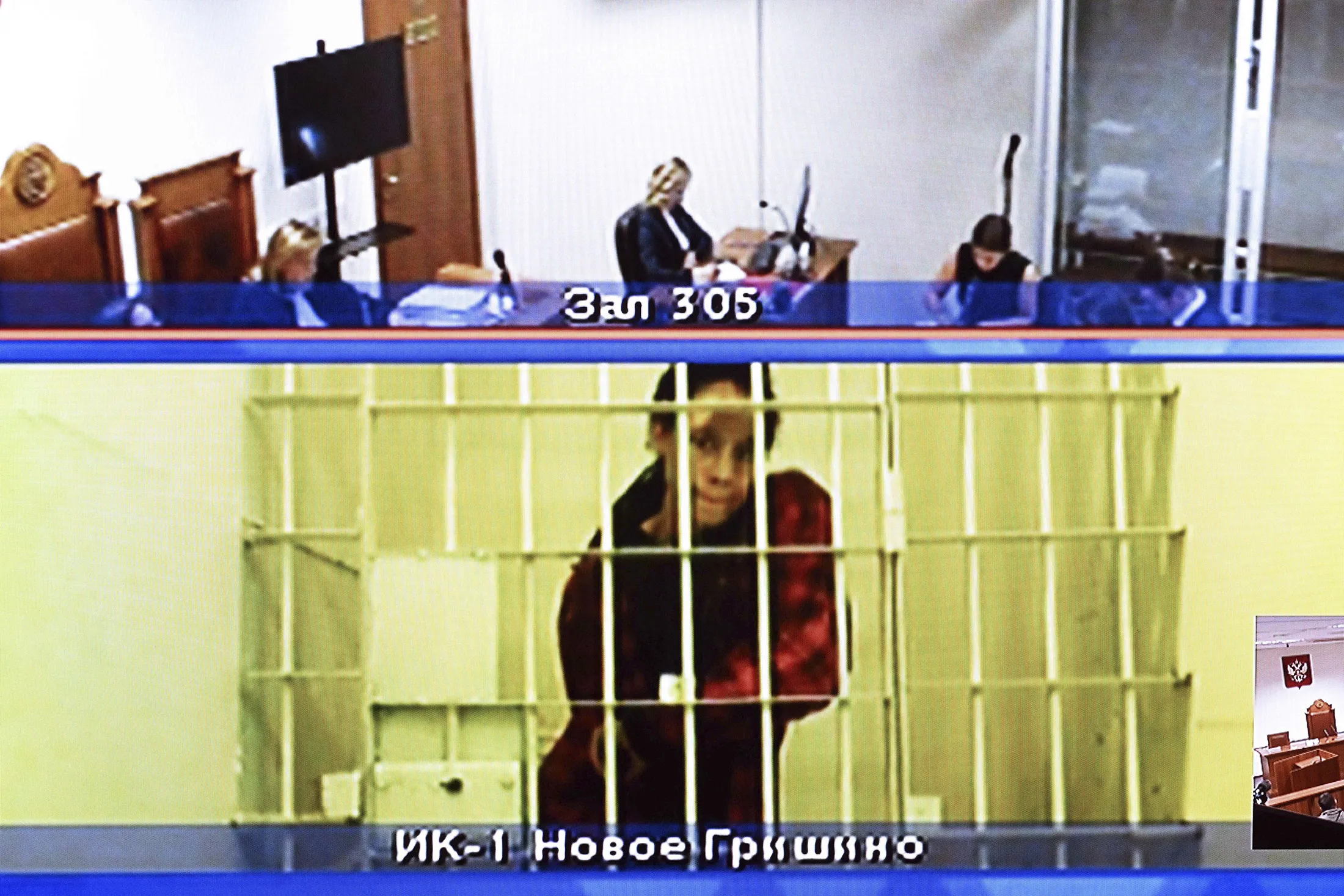 Brittney Griner displayed on a screen via a video link from a remand prison during a court hearing to consider an appeal against her sentence at a Moscow regional court, on Oct. 25.