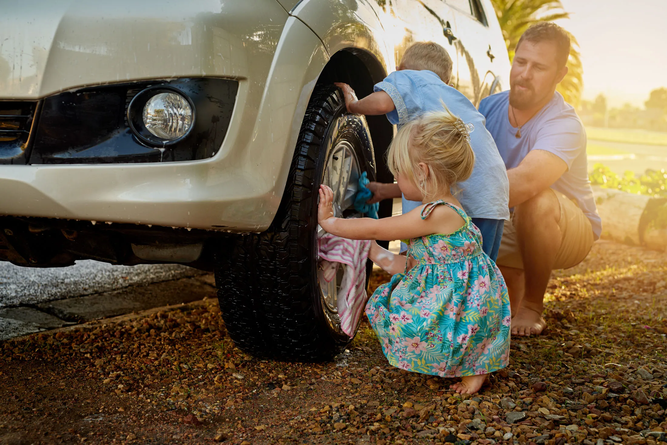 They're always eager to help Dad wash the car