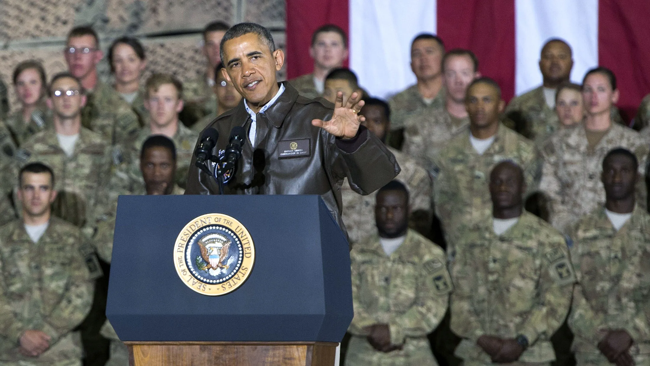 President Barack Obama speaks during a surprise visit with US troops at Bagram Air Field, north of Kabul, in Afghanistan, on May 25, 2014.
