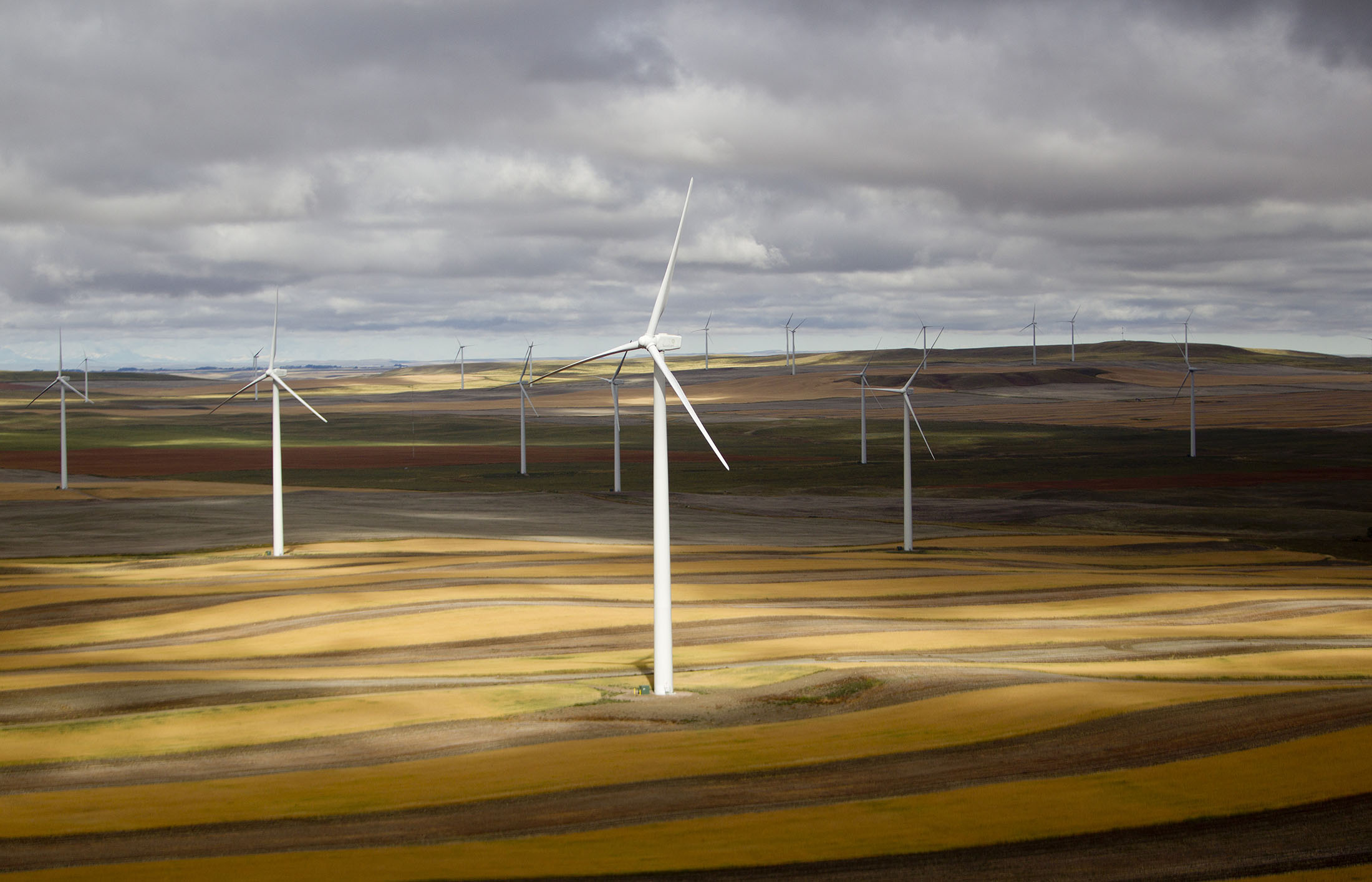 Acciona wind turbines operate at a wind energy farm in Ethridge, Montana, U.S.

