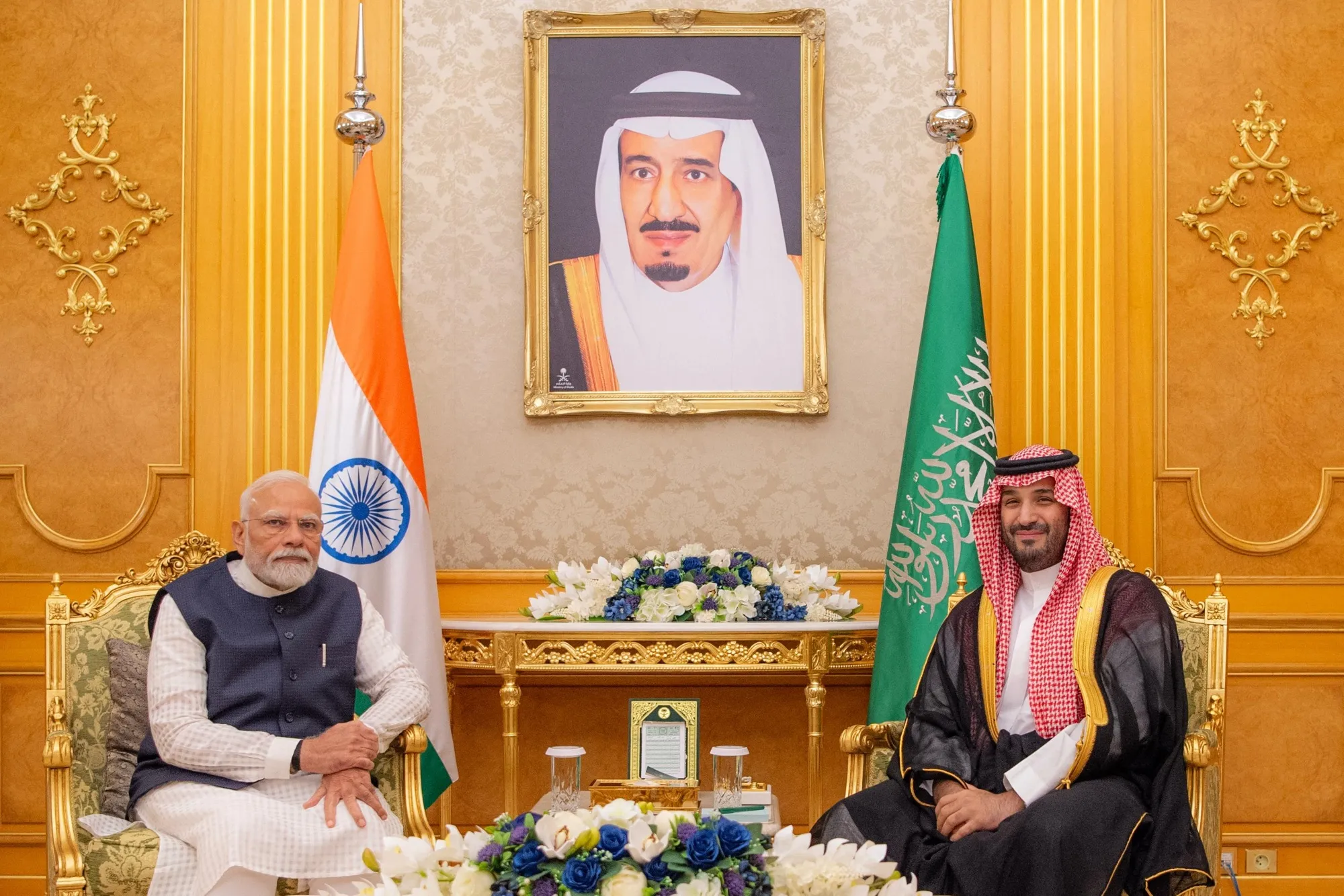 Mohammed bin Salman, right, and Narendra Modi during a meeting at Al Salam Royal Palace in Jeddah, in a photo released by Saudi Press Agency SPA.