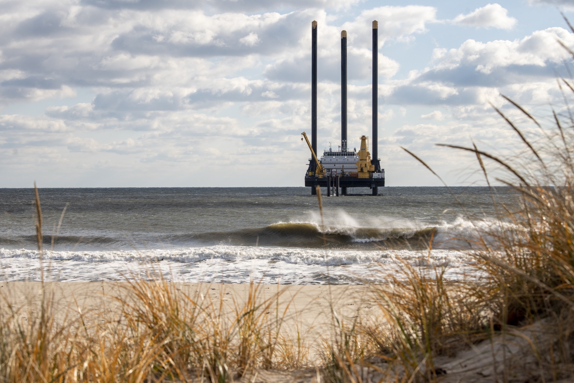A lift boat used for South Fork Wind farm construction near Wainscott, New York.