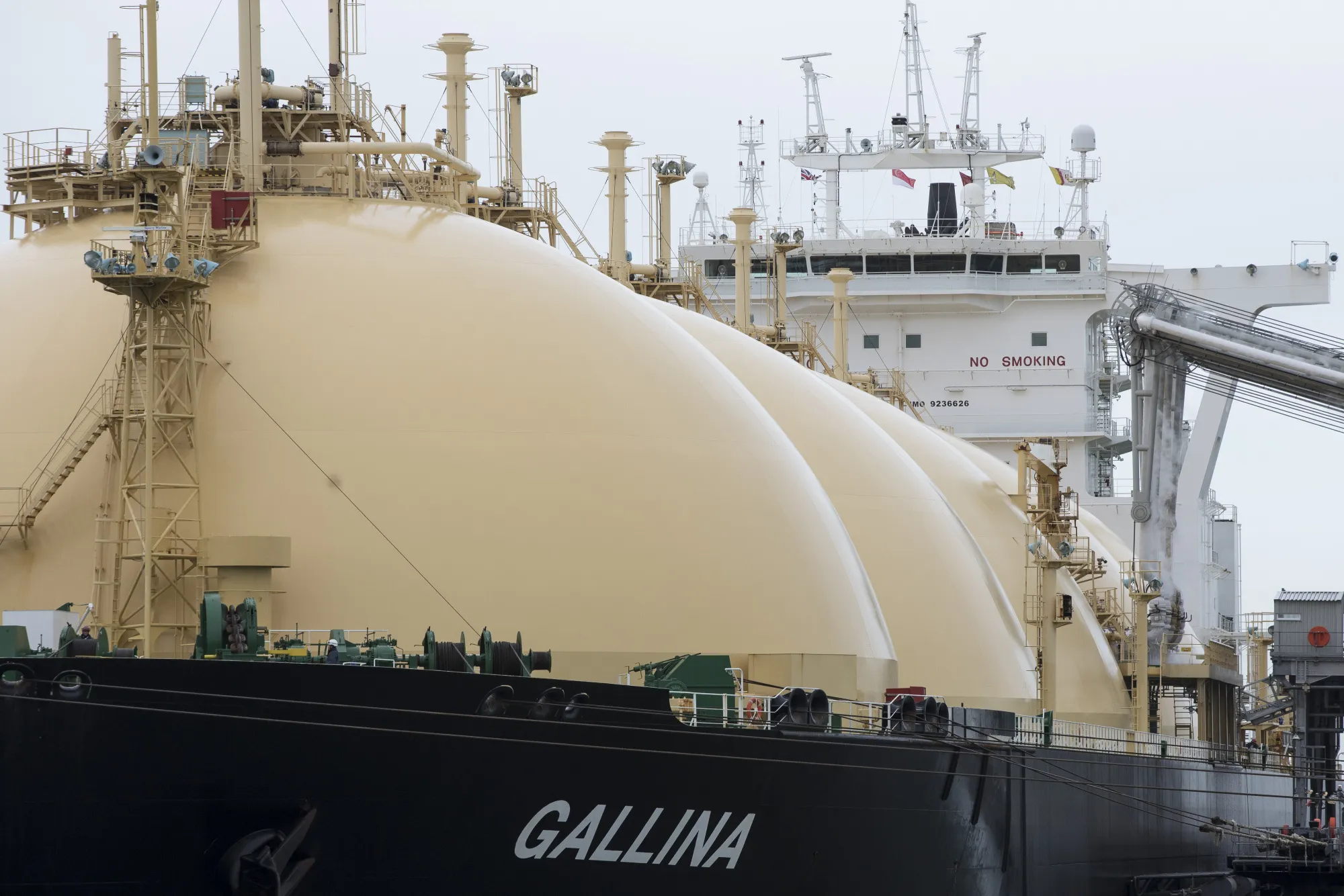 The Gallina liquefied natural gas (LNG) tanker sits docked after arriving at the National Grid Plc's Grain LNG plant on the Isle of Grain in Rochester, U.K., on Saturday, March 4, 2017. The shipment to England on the Gallina was priced using the U.K.'s National Balancing Point, where front-month gas cost about $7 a million British thermal units on Feb. 7.