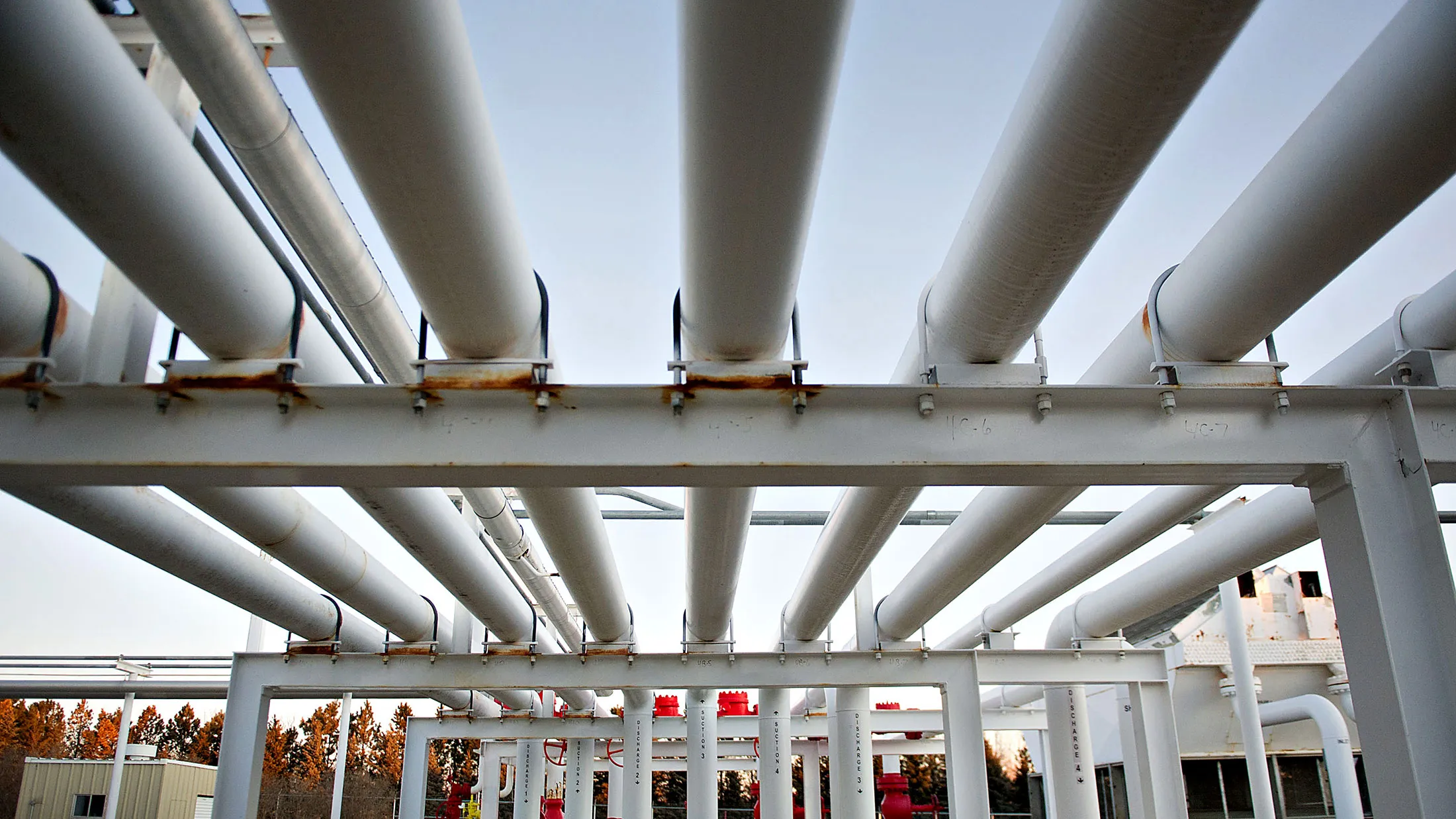 A series of pipes direct natural gas in Bismarck, North Dakota.
