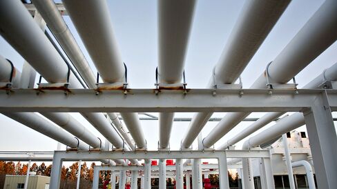 A series of pipes direct natural gas in Bismarck, North Dakota.