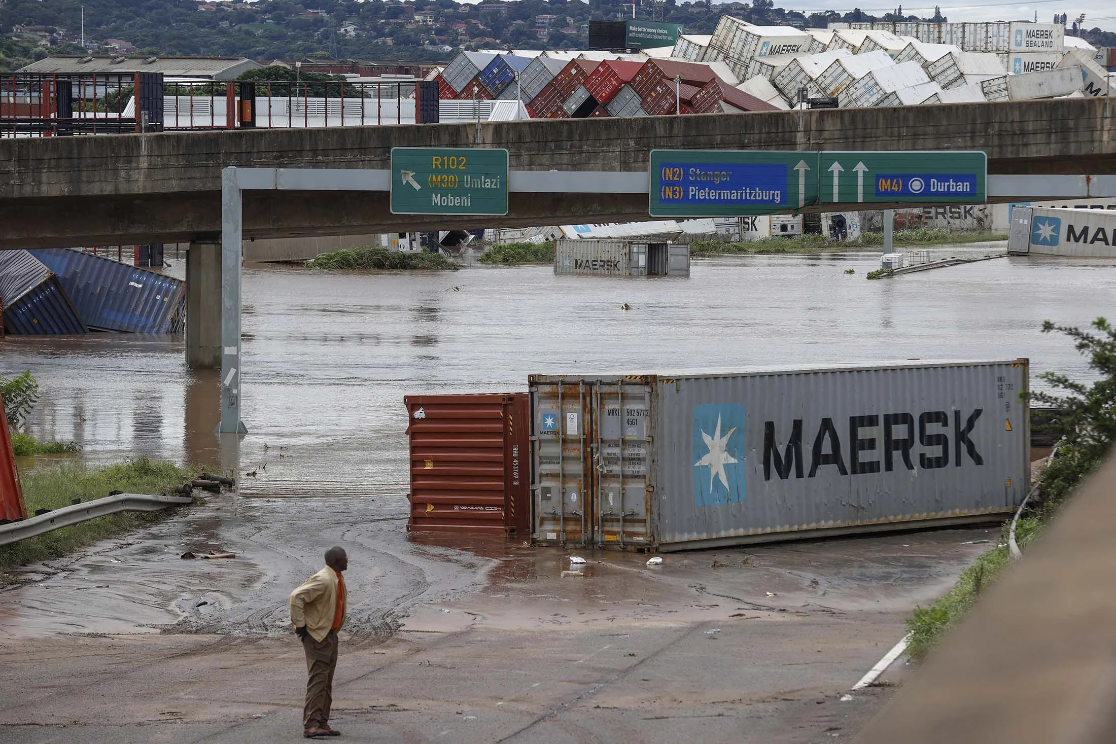A container storage facility following heavy rains and winds in Durban, in April.&nbsp;