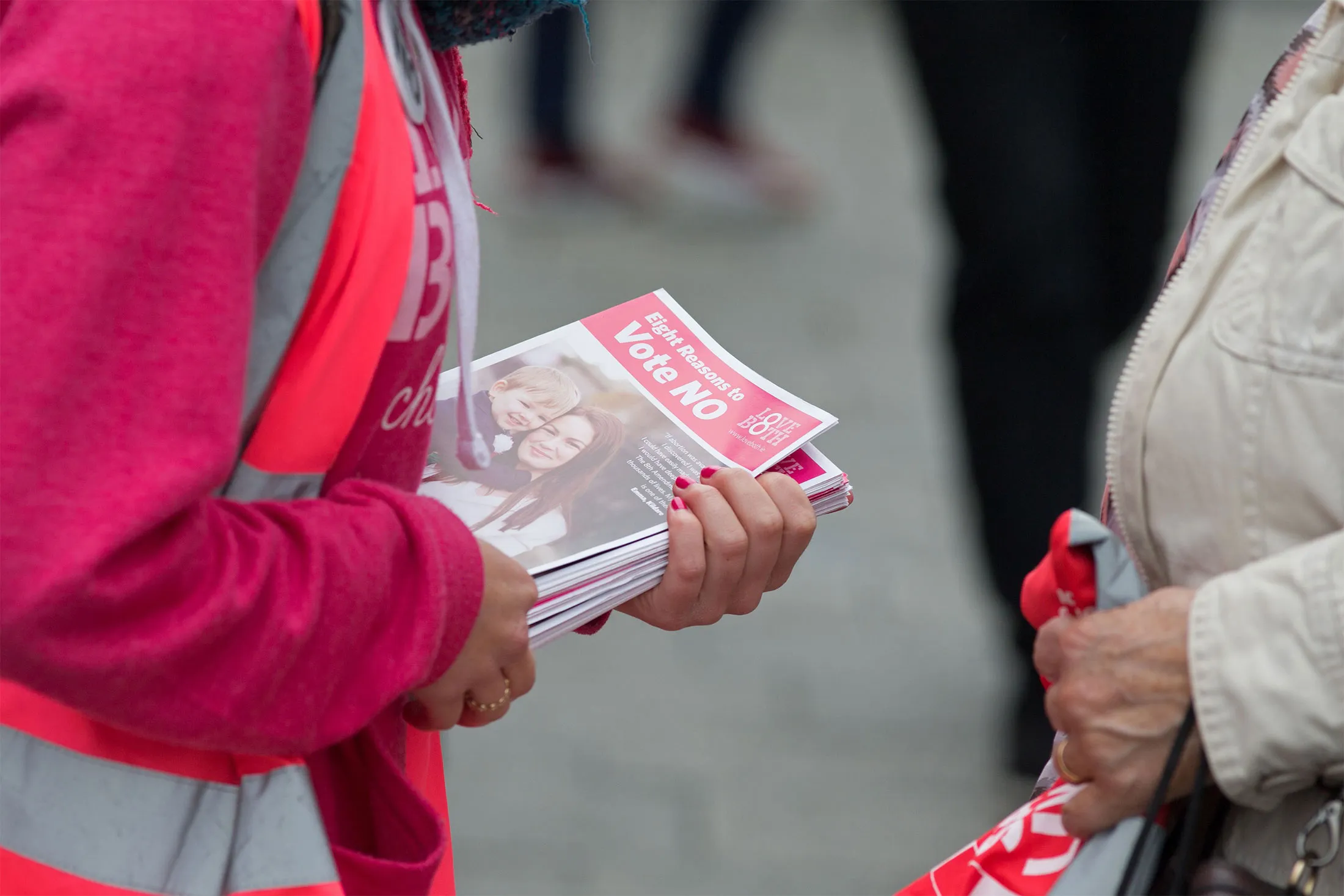 Campaigners for the Love Both pro-life campaign canvass members of the public, urging people to vote 'no' in the referendum,&nbsp;in Dublin on May 24.&nbsp;