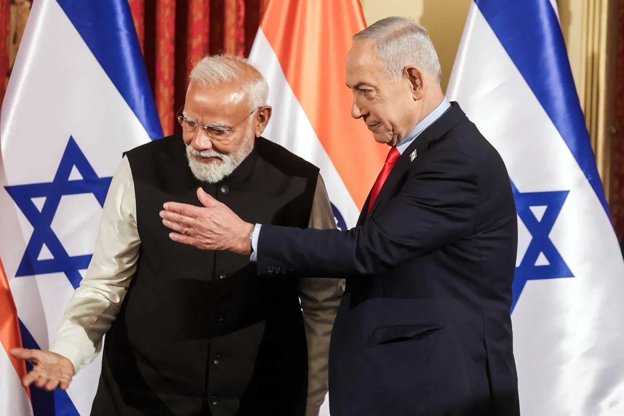 Narendra Modi and Benjamin Netanyahu during a news conference in Jerusalem, on Feb. 26.