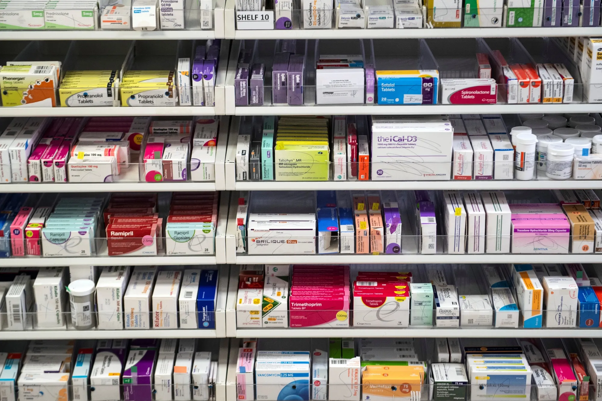 Medication displayed on shelves at a hospital in Lanarkshire, Scotland.