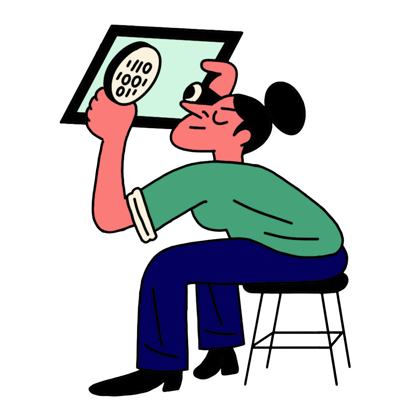 Illustration by Simon Landrein for Bloomberg Opition showing Pro-Markets Skeptic: There is a person seated inspecting a screen with a microscope and a separate lens. The person is wearing a green top that appears to be rolled above the forearm and blue pants.