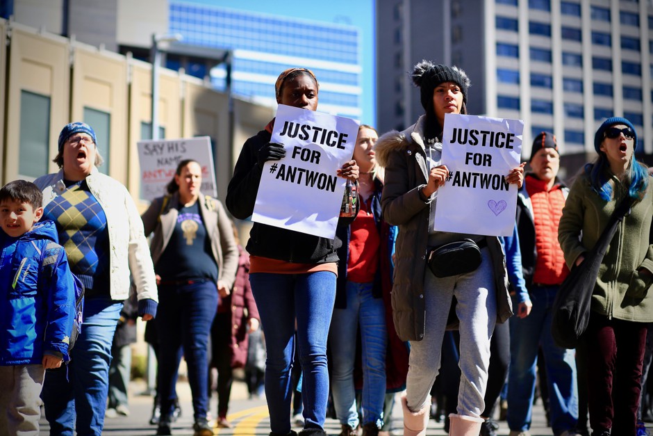 Protesters flood the streets of downtown Pittsburgh after former East Pittsburgh police officer Michael Rosfeld was acquitted for killing the African-American teenager Antwon Rose II.