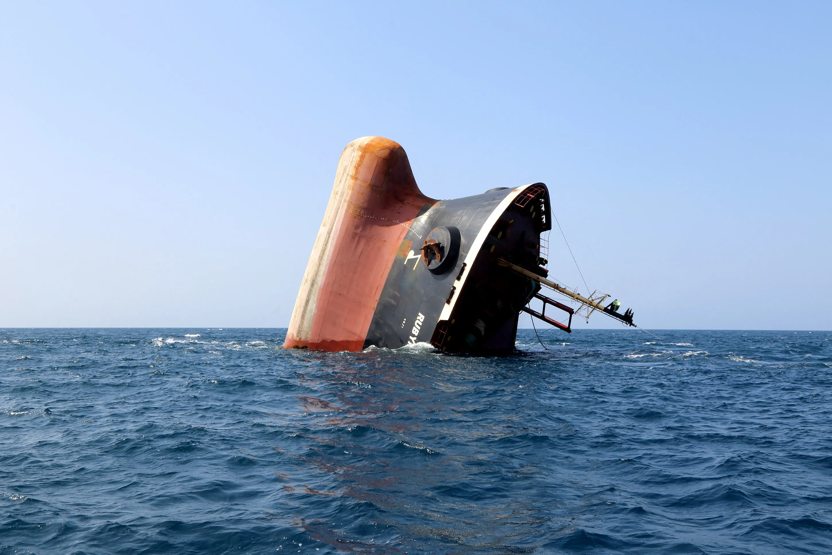 The Rubymar cargo ship partly submerged off the coast of Yemen, on March 7.