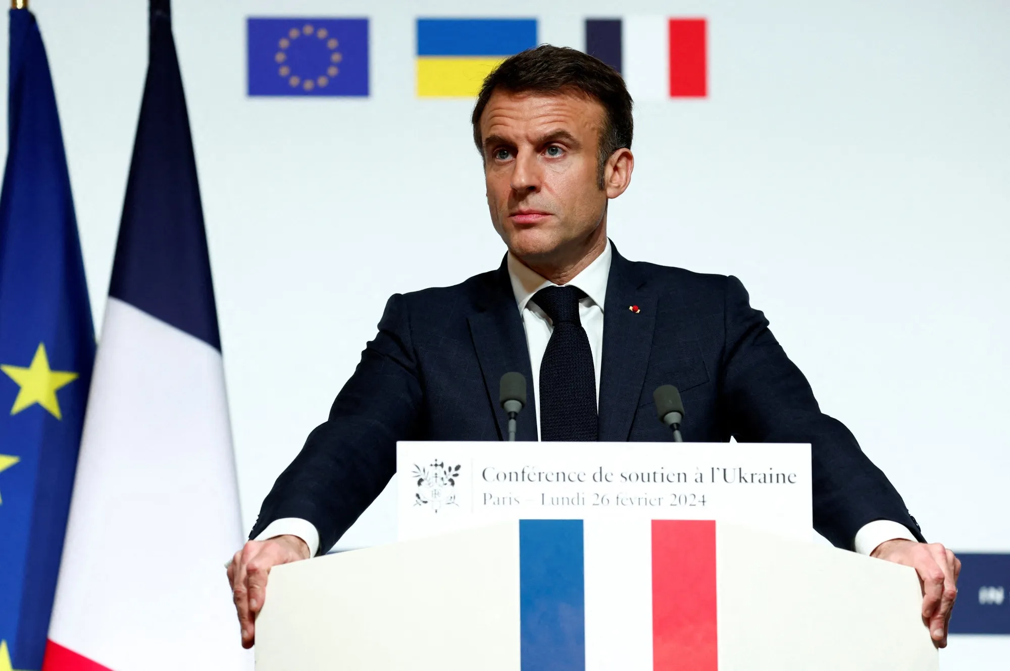 Emmanuel Macron speaks during a press conference&nbsp;in Paris&nbsp;on Feb. 26.