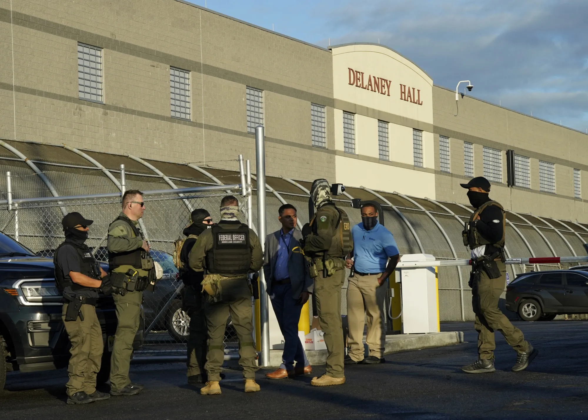 Immigration and Customs Enforcement&nbsp;agents near Delaney Hall, run by Geo Group Inc., in Newark, New Jersey.