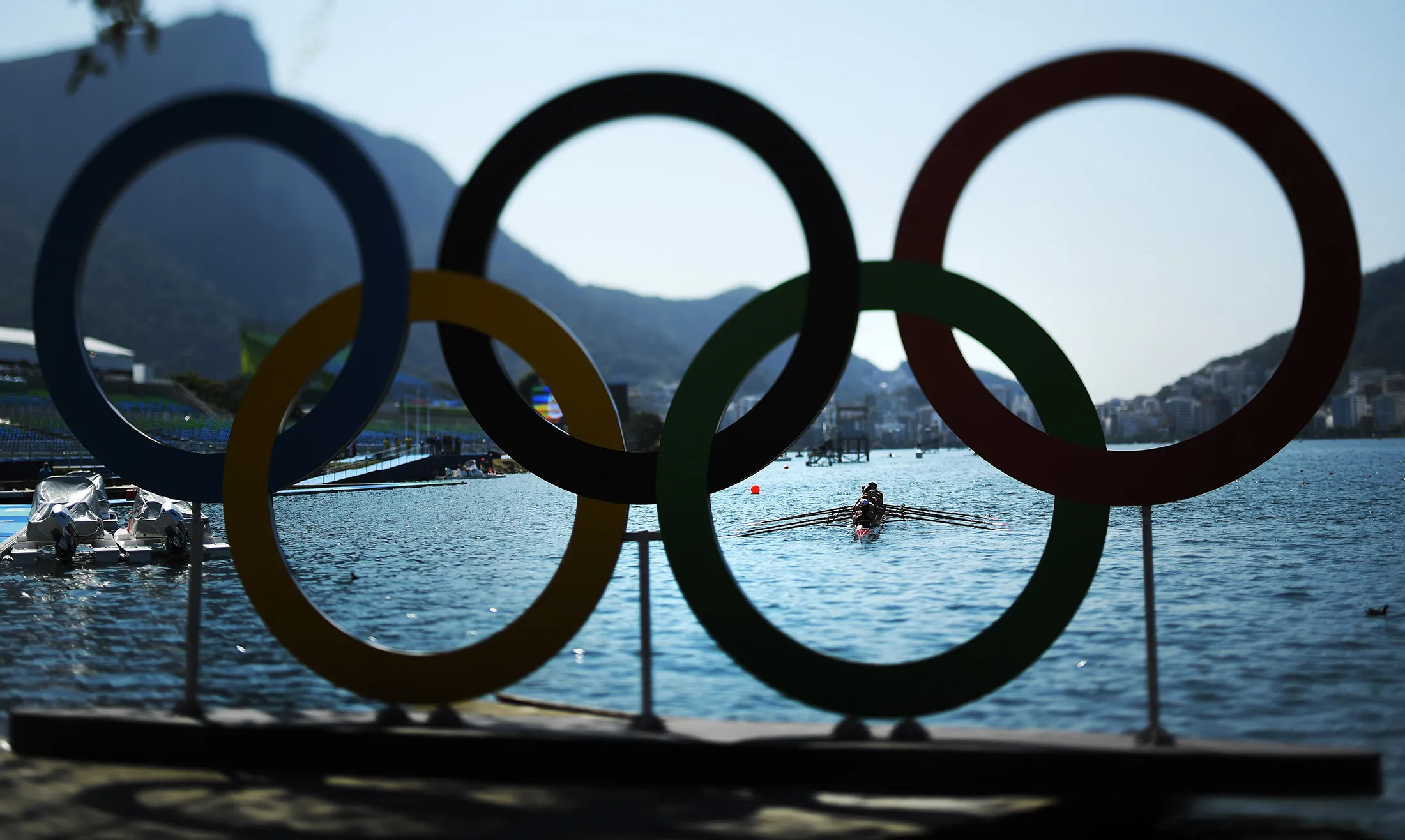 Athletes practice on Lagoa Rodrigo de Freitas, the site of the Olympic rowing venue for the 2016 Summer Olympic Games on on August 5, 2016 in Rio de Janeiro, Brazil.
