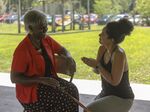 RUX member Taryn Henning (right), of Lexington, talks with Constance Owens from the Redfox community during the 2018 Knott County Community Intensive.