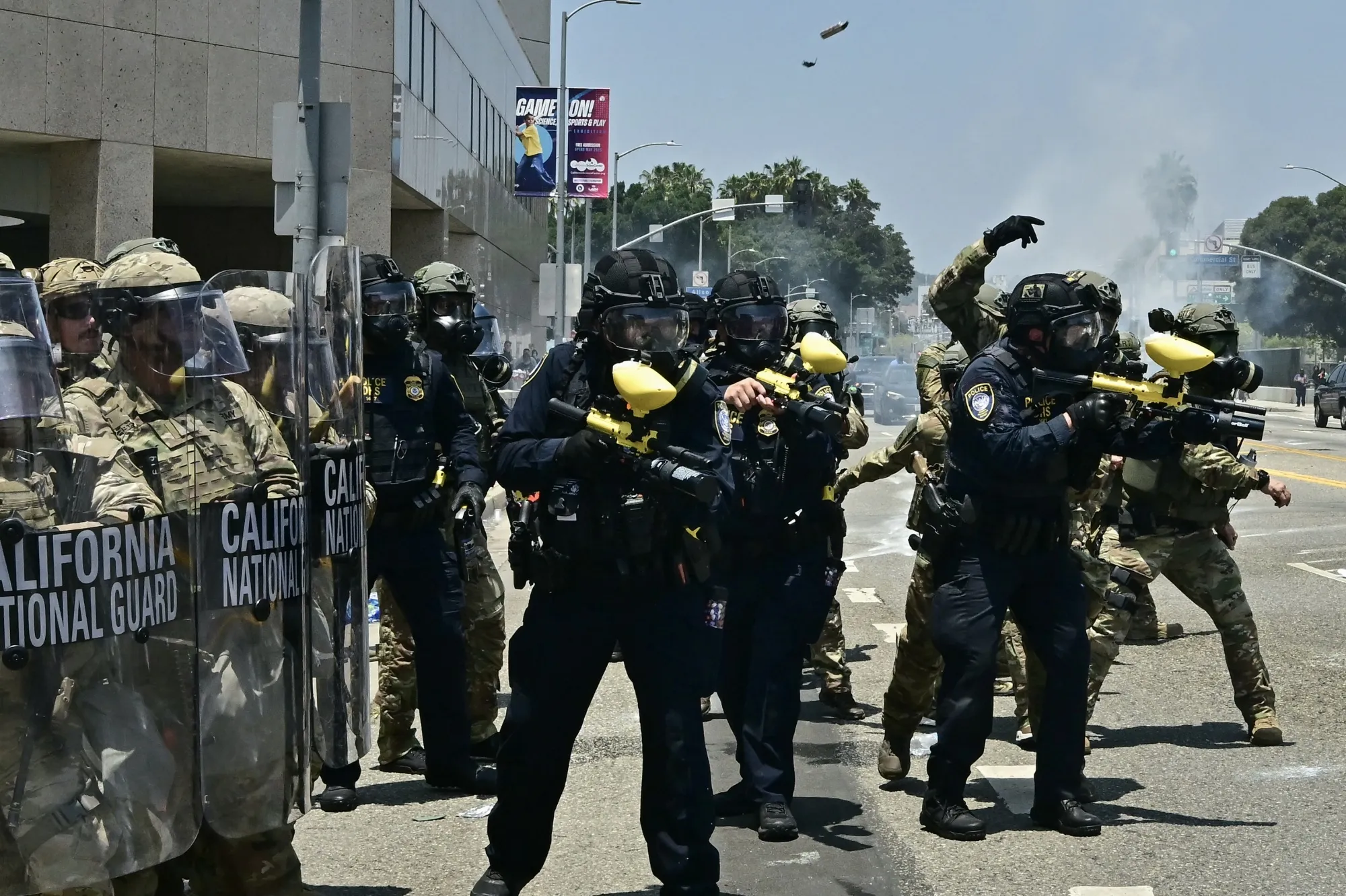 National Guard soldiers and US Department of Homeland Security officers clash with demonstrators in Los Angeles.