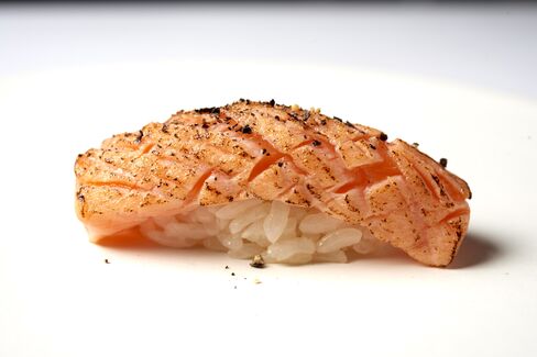 A piece of king salmon from Tasmania, scored and lightly torched for maximum flavor.