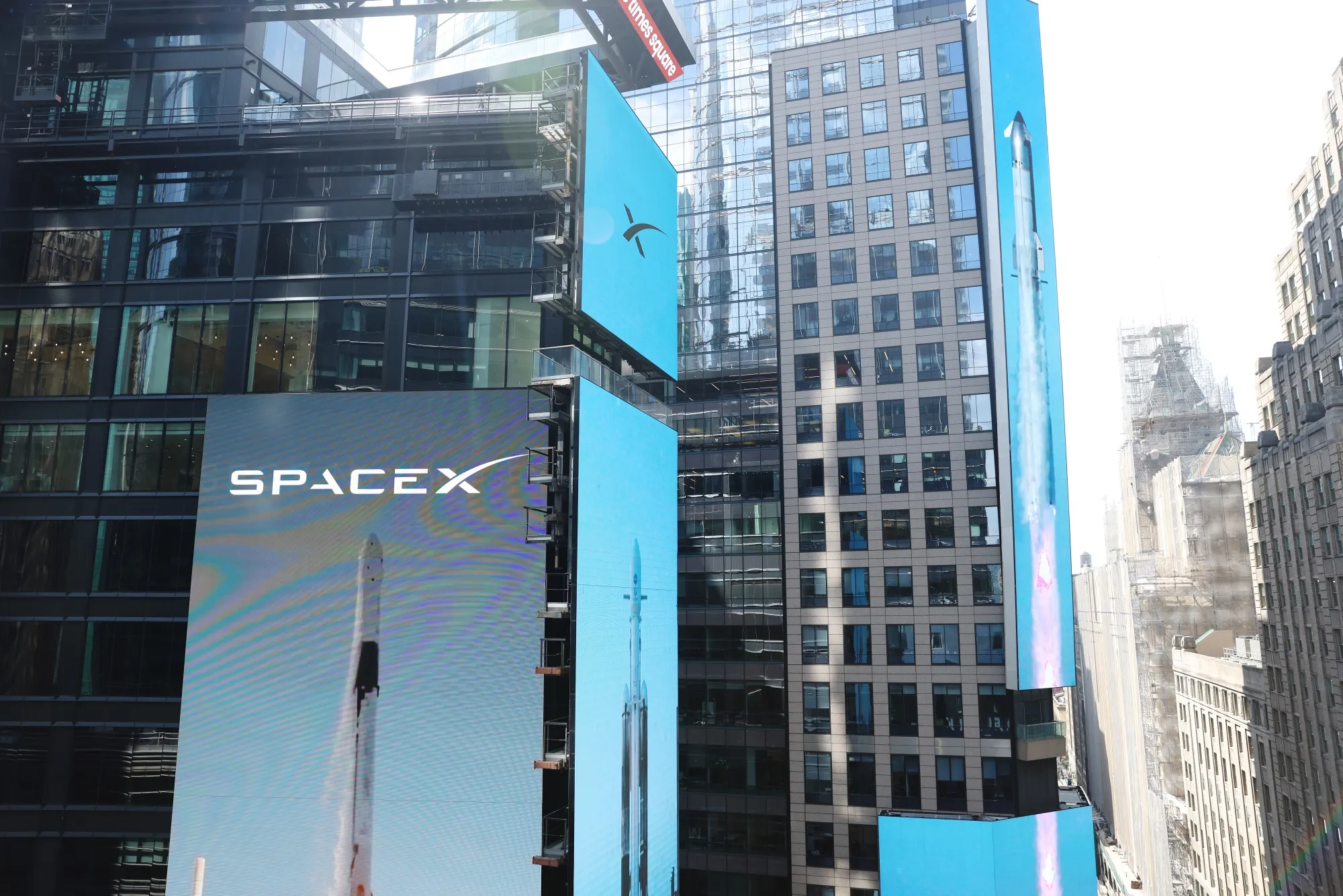 SpaceX signage during the closing bell ceremony at the Nasdaq MarketSite in New York on June 12.
