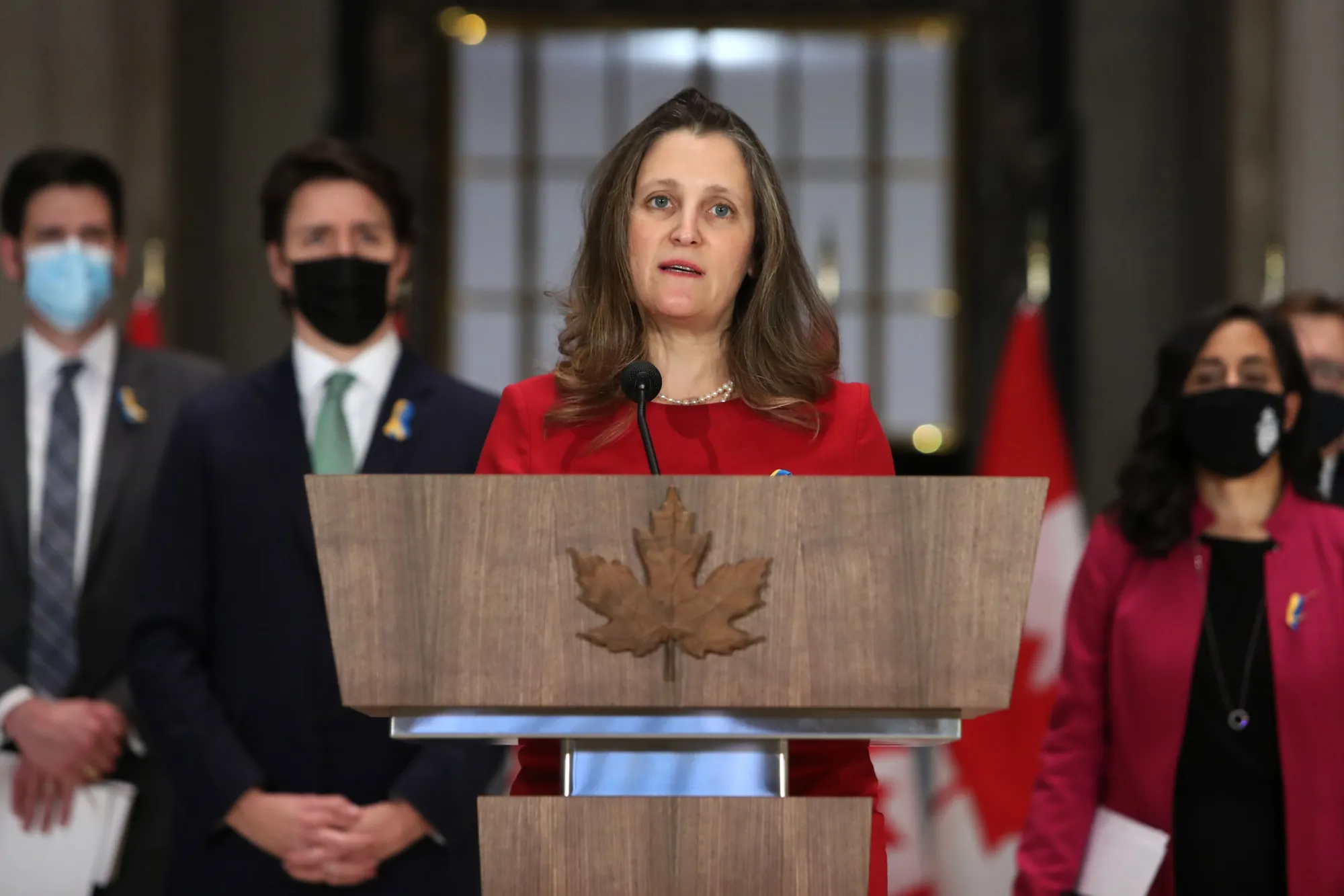 Chrystia Freeland speaks at a news conference in Ottawa on Feb. 28, 2022.