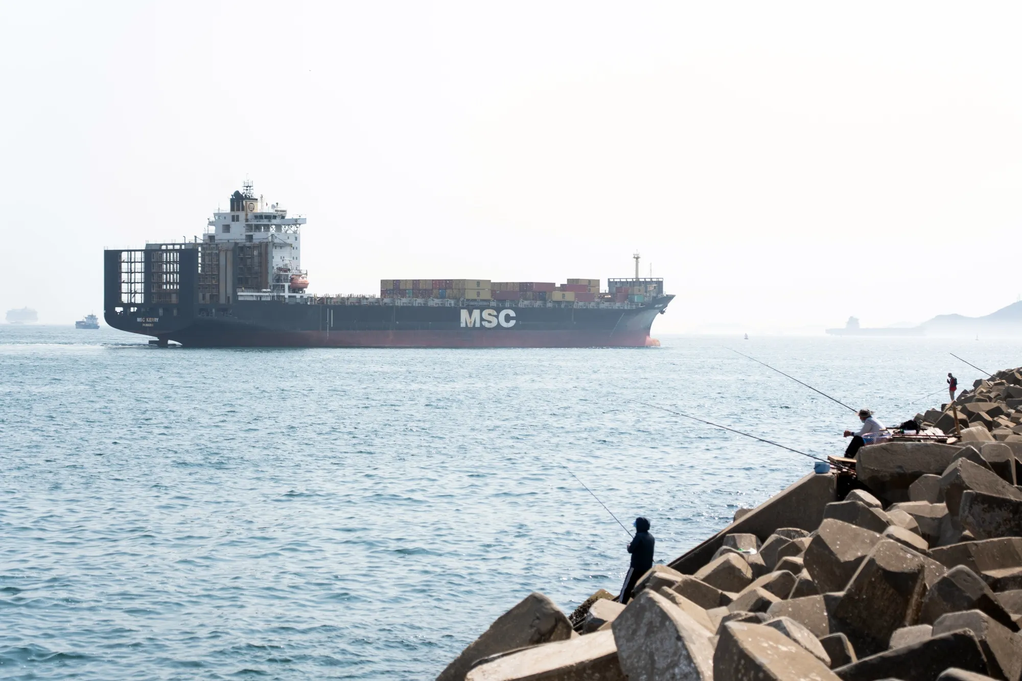 An MSC container ship sails towards the Kwai Chung Container Terminals in Hong Kong, China.