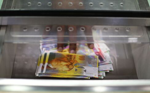 Swiss franc bank notes inside a currency exchange store in London.