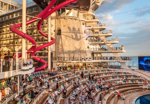 The ship is gargantuan. The AquaTheater on the stern of the ship, an amphitheater-style entertainment space, showcases professional aquatic acrobatic and synchronized swimming performances and goes off at night with water and light shows. That climbing wall is 43-feet high (and there are two).