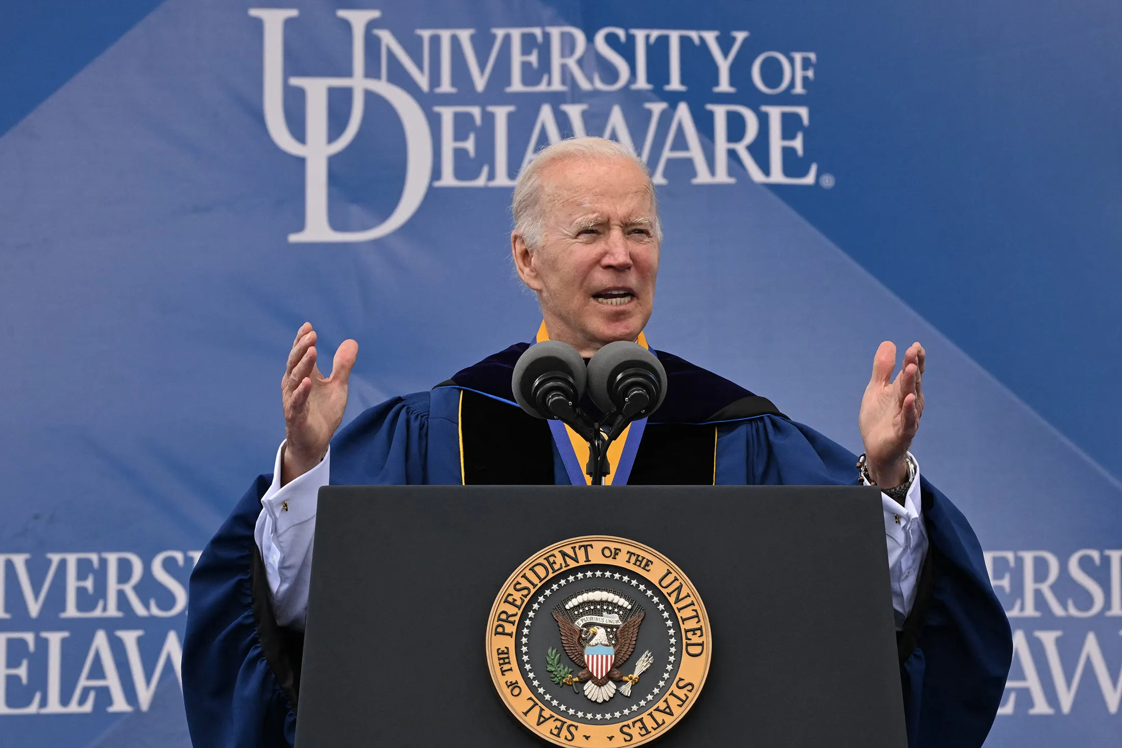 President Joe Biden delivers the commencement address at the University of Delaware graduation ceremony in Newark, Delaware, on May 28.