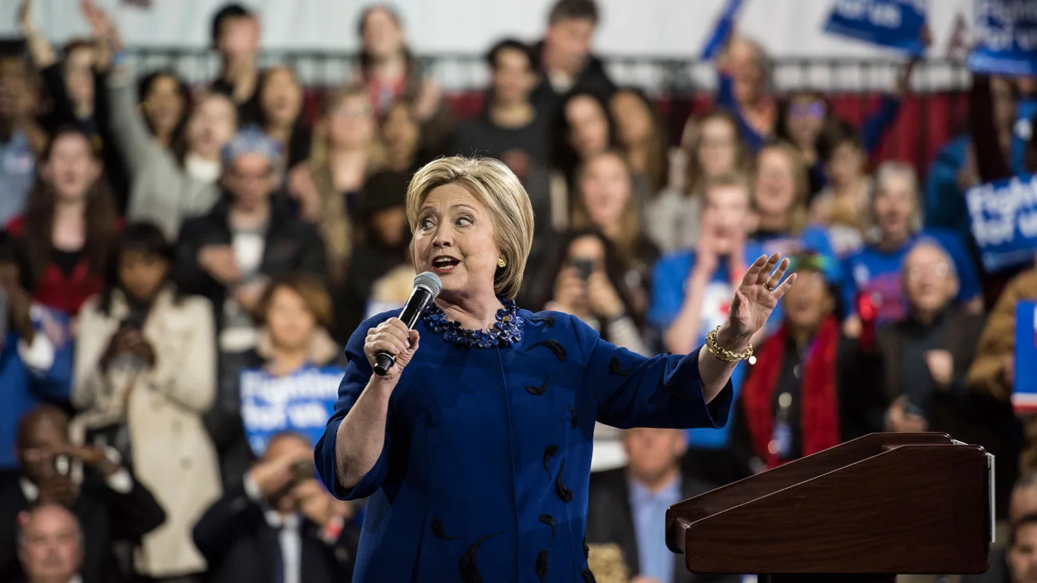 Democratic presidential candidate Hillary Clinton speaks to supporters during a rally at the Javits Center following Super Tuesday on March 2, 2016 in New York City.
