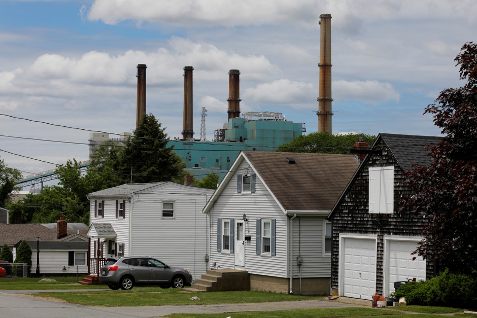 Homes near a power plant in Somerset, Massachusetts.