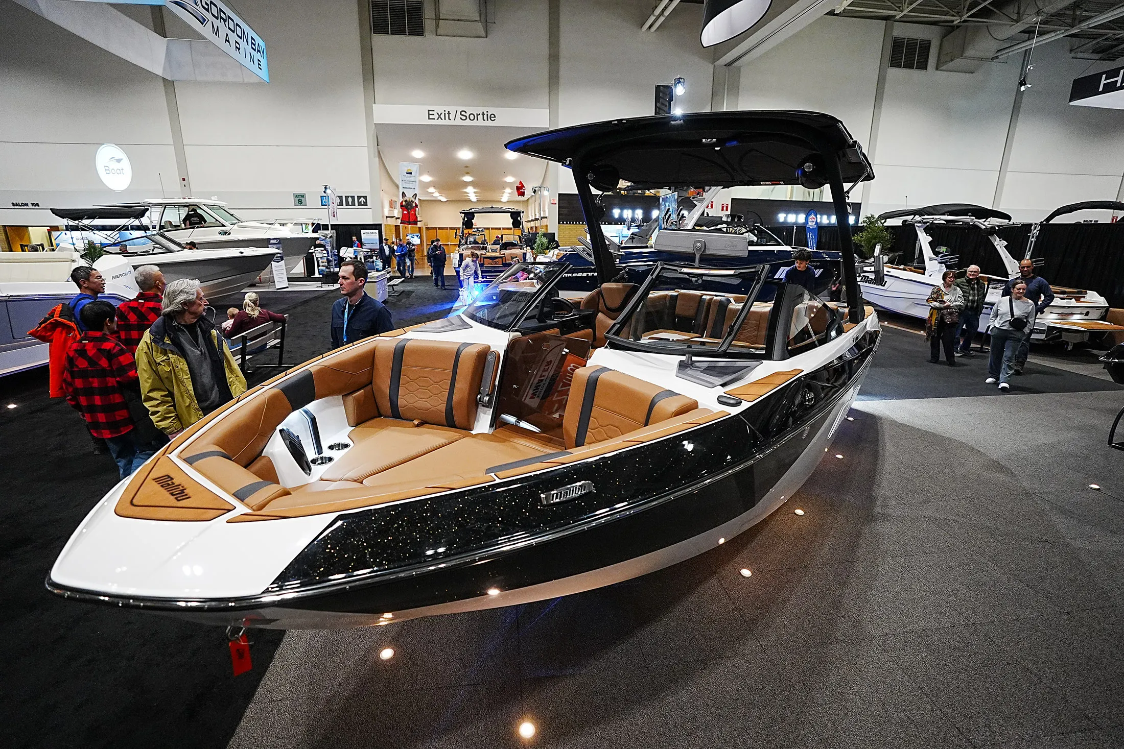 A Malibu Wakesetter 23 LSV displayed at the Toronto International Boat Show in 2025.